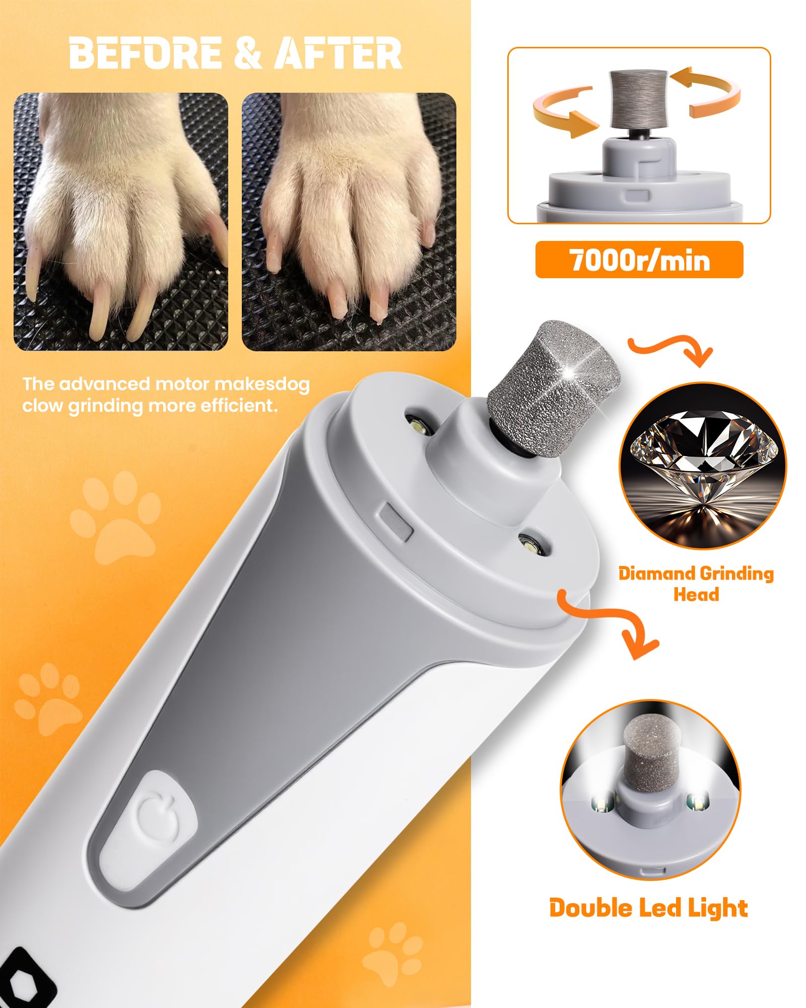 HARDELL Dog Nail Grinder, Super Quiet Dog Nail Trimmers with 2 LED Lights & 3 Grinding Ports, Rechargeable Safety Pet Nail Grind