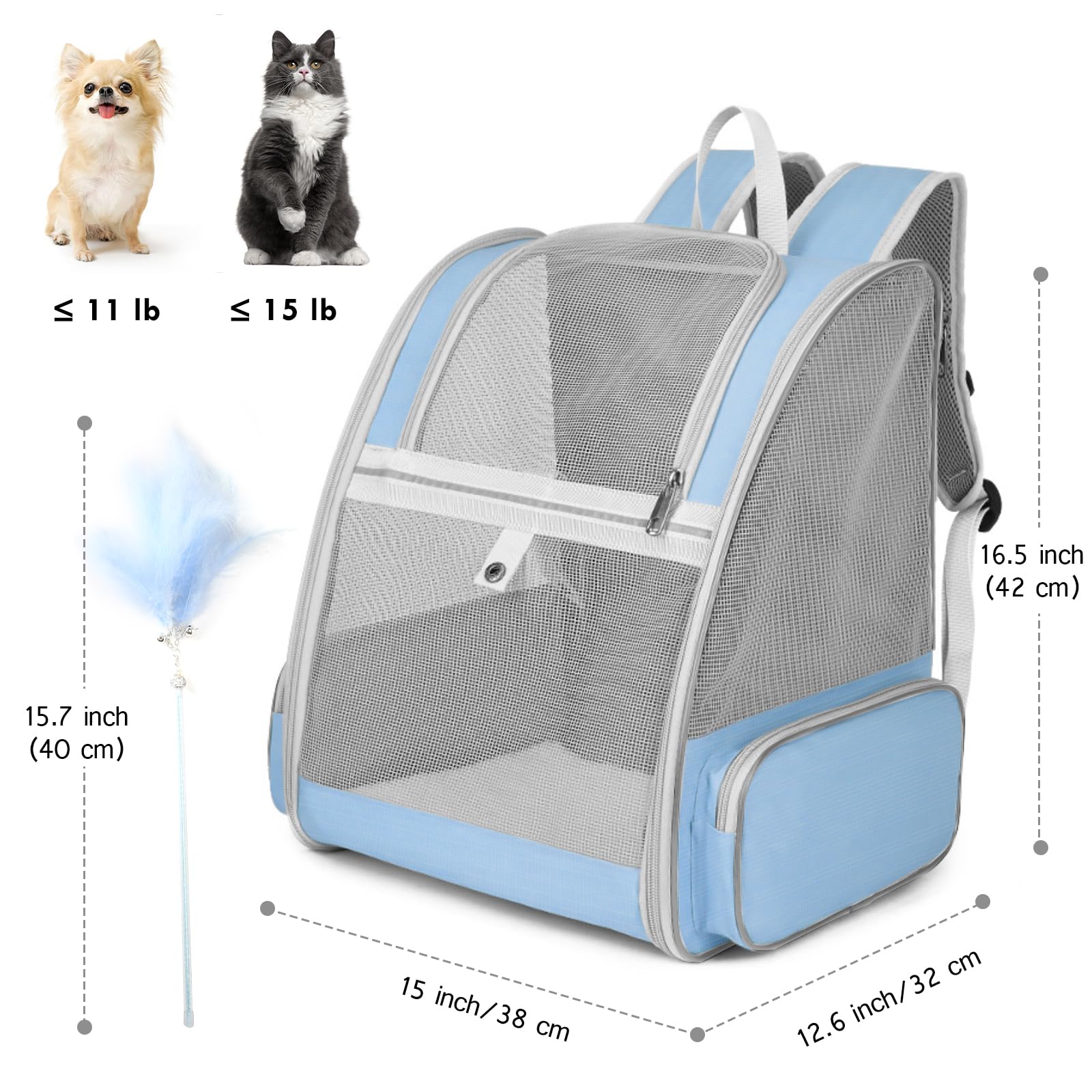 Cat Backpack Carrier, Large Pet Backpack With Kitten Wand Feather Toy For Medium Small Dog Cat Puppy Kitty Bunny Up To 15Lbs, Ve