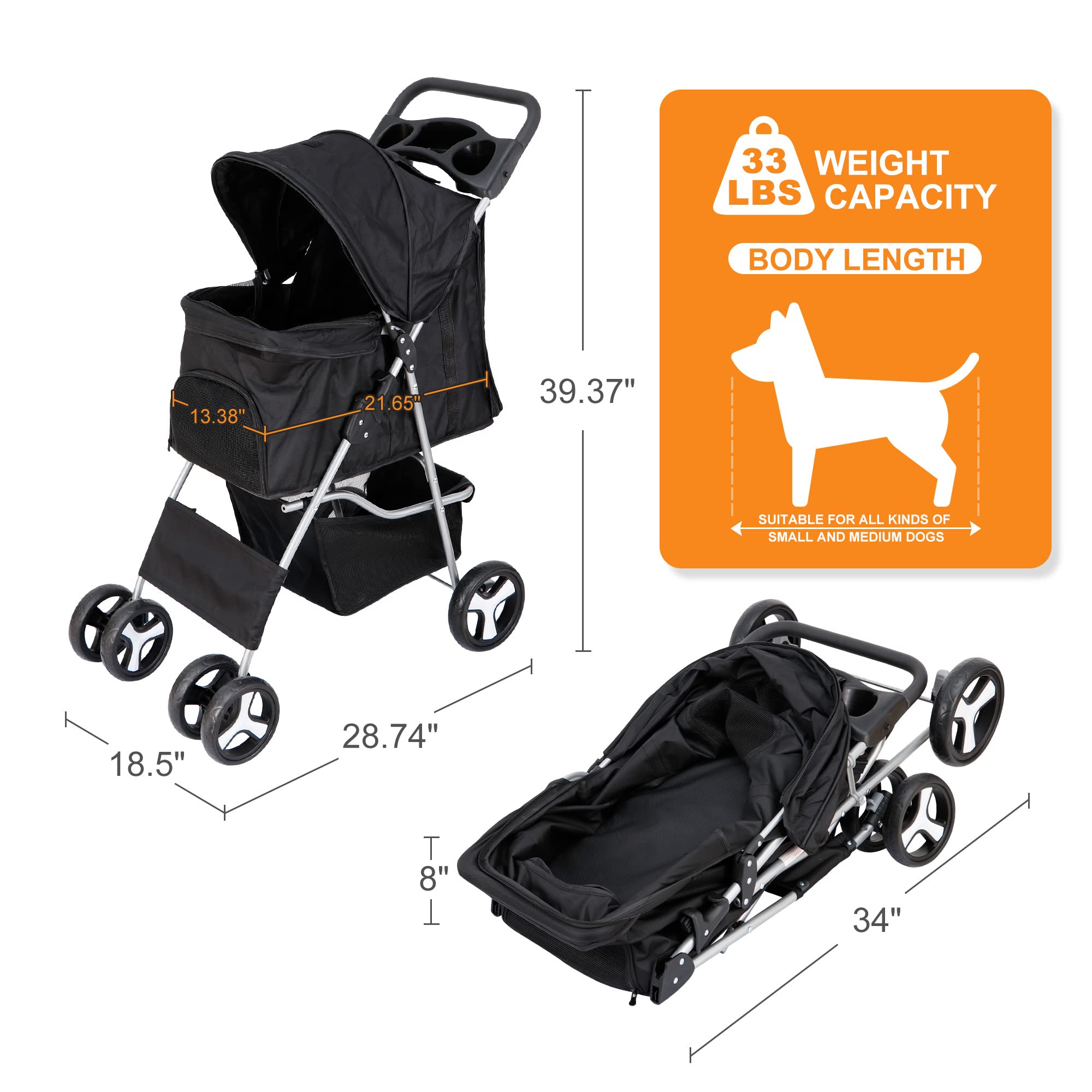 Pet Stroller 4 Wheels Dog Cat Stroller For Small Medium Dogs Cats Foldable Puppy Stroller With Storage Basket And Cup Holder