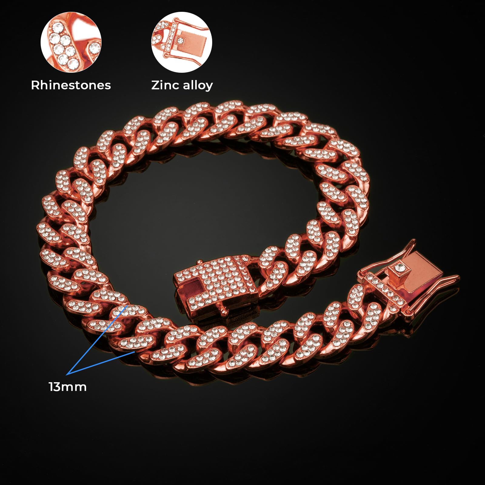 Rosegold Dog Chain Diamond Collar Walking Metal Chain Collar With Secure Buckle, Pet Cuban Style Collar Jewelry Accessories For