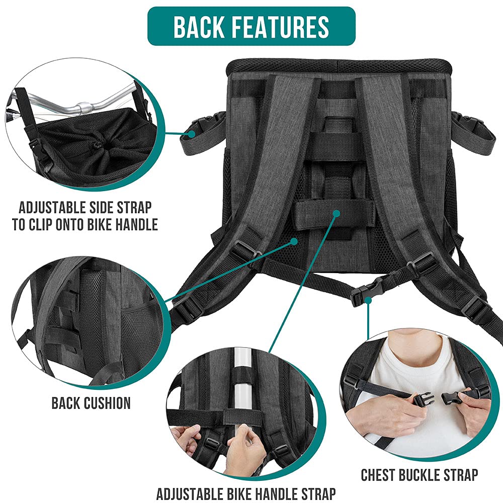Petami Dog Bike Basket, Soft-Sided Ventilated Dog Bike Carrier Backpack, Dog Pet Bicycle Basket For Bike Handlebar, Small Medium Puppy Cat Kitten Car Booster Seat With Safety Strap (Dark Gray)