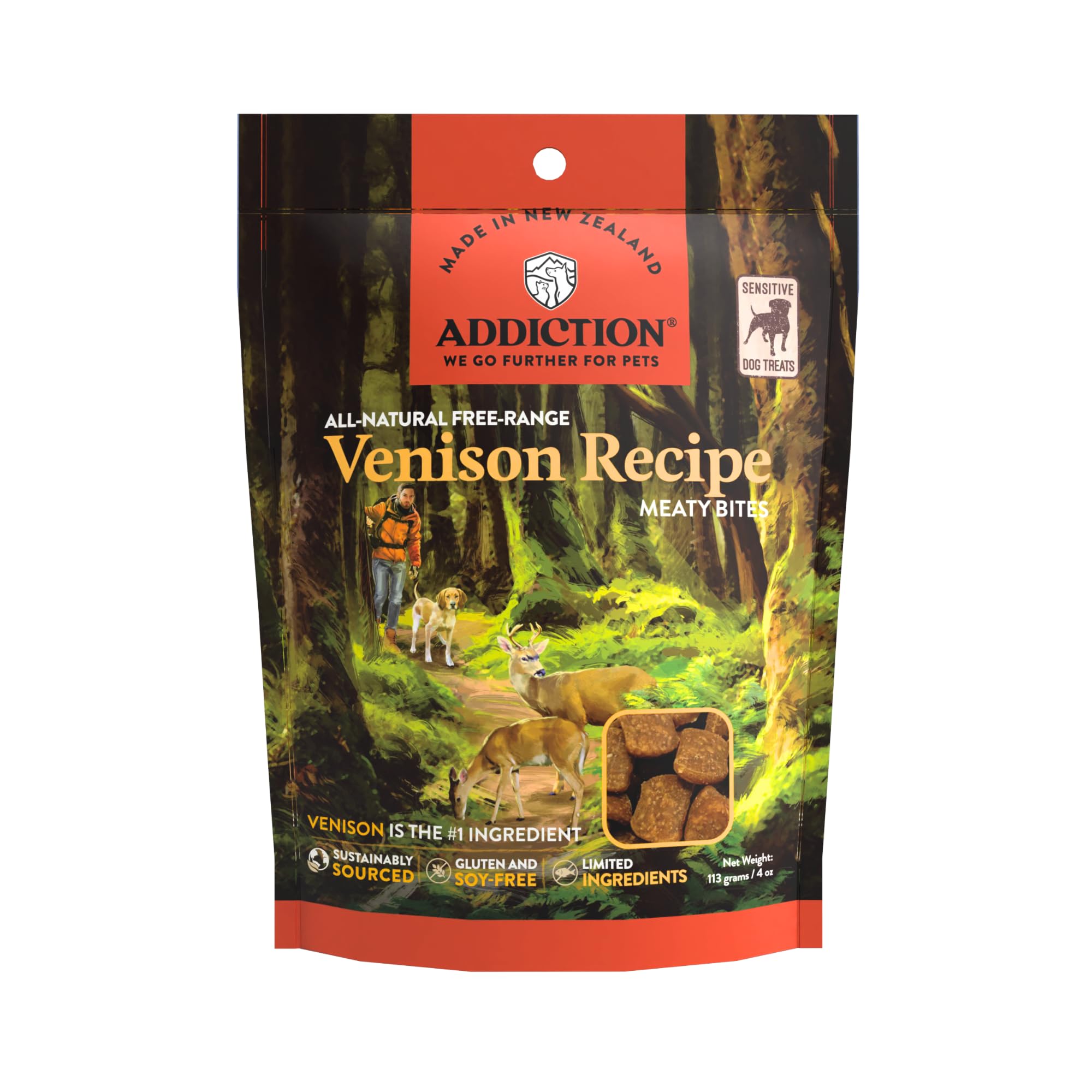 Addiction Venison Recipe Meaty Bites, All Natural Free Range Grain Free High Meat Dog Treats, 4 Oz.