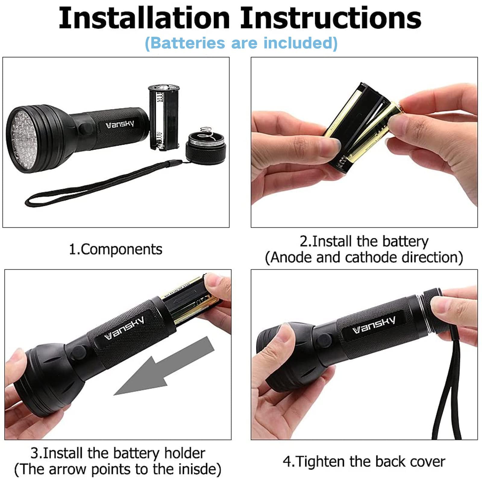 Vansky UV Flashlight, 51 LED Blacklight Pet Urine Detector, Black, Includes Batteries, Ideal for Dog/Cat Urine and Stains