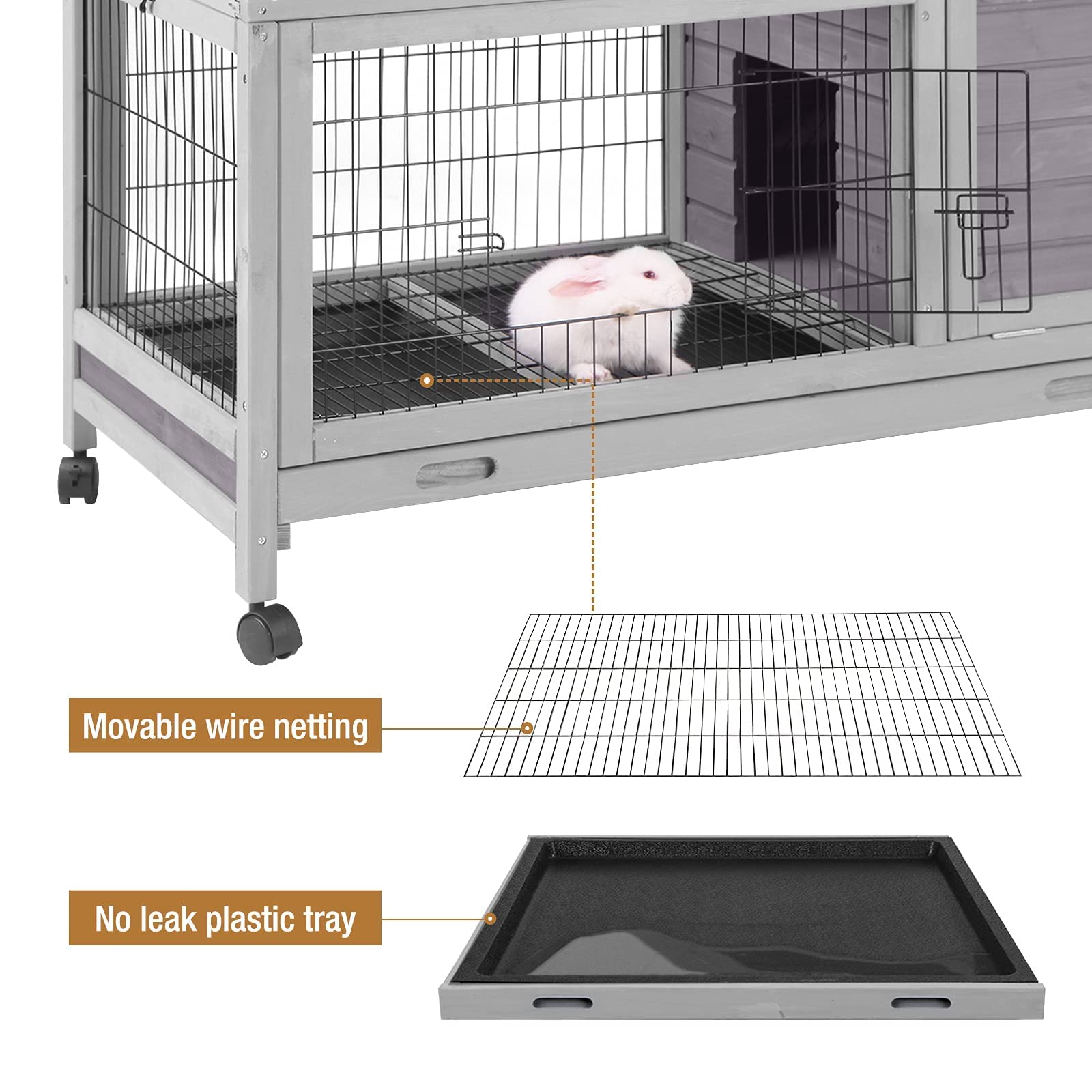 Rabbit Hutch Indoor Outdoor Rabbit Cage Bunny Cage With Run,No Leak Pull Out Tray,Wire Fence