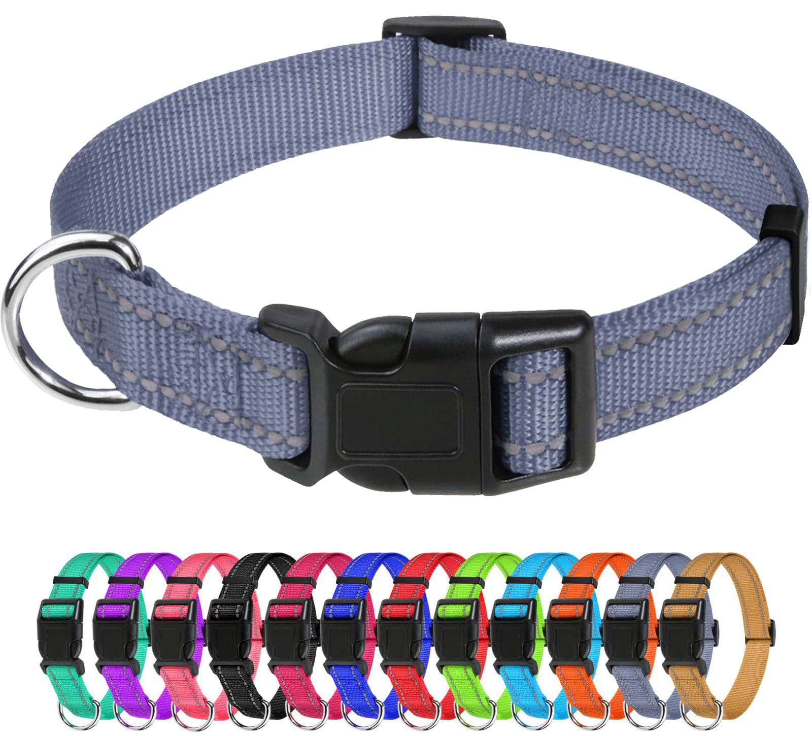 Tagme Reflective Nylon Dog Collars, Adjustable Classic Dog Collar With Quick Release Buckle For Small Dogs, Grey, 3/4' Width