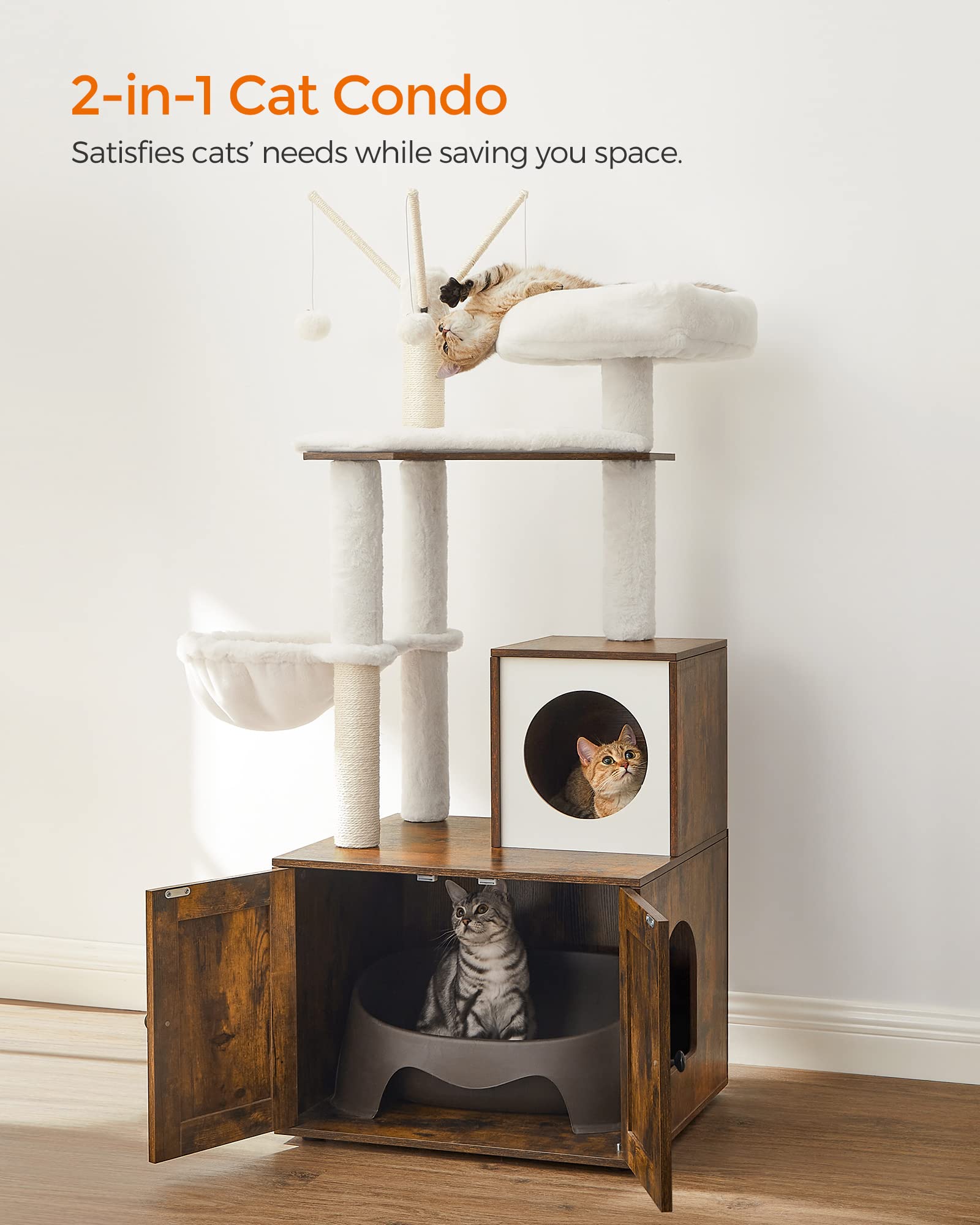 Feandrea Woodywonders Cat Tree With Litter Box Enclosure, 2-In-1 Modern Tower, Furniture Hidden, Cat Condo With Scratching Posts, Removable Pompom Sticks, Rustic Brown Upct113X01