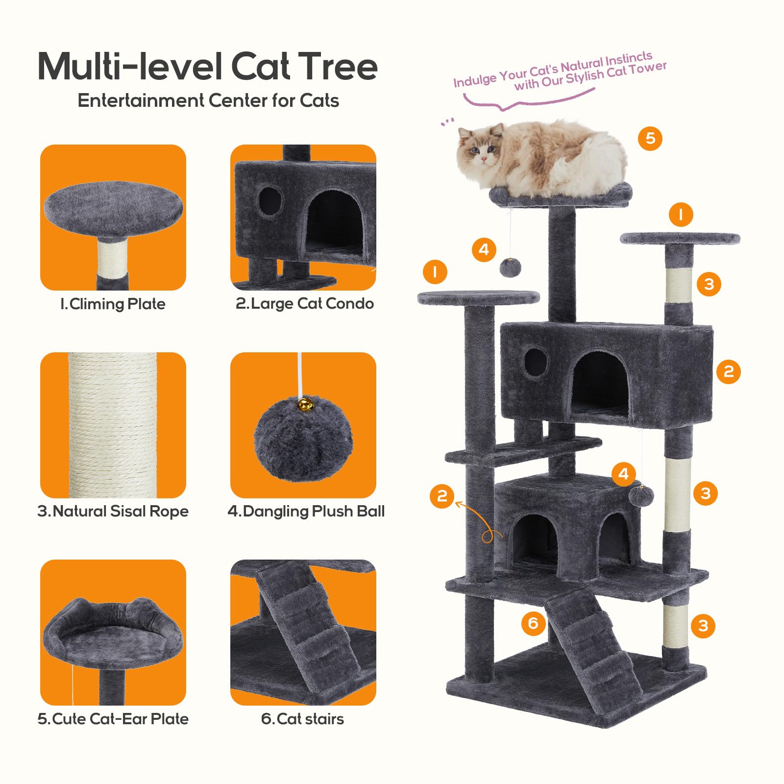 Cat Tree, 54-Inch Cat Tower for Indoor Cats with Sisal Scratching Post, Cat Play House, Large Kitty Condo, Plush Multi-Level wit