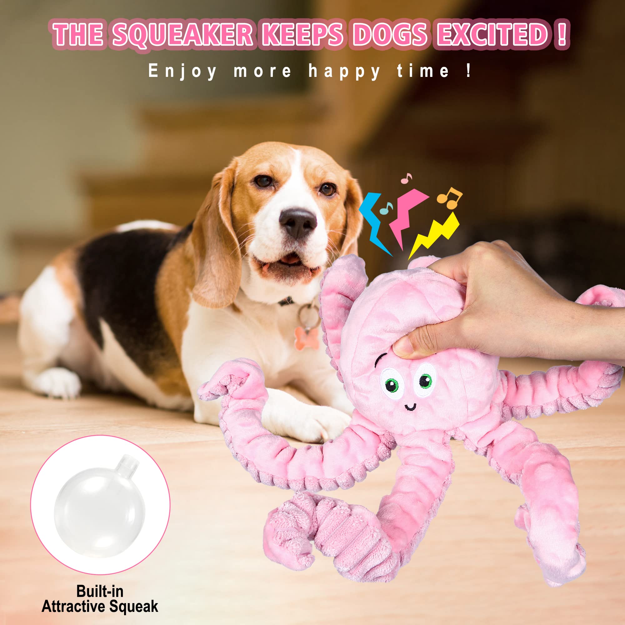 Buypow Dog Squeaky Toys Octopus - Tough Plush Large Medium & Small Dog - Stuffed Animals Puppy Toys - Funny Cute Dog Birthday Pr