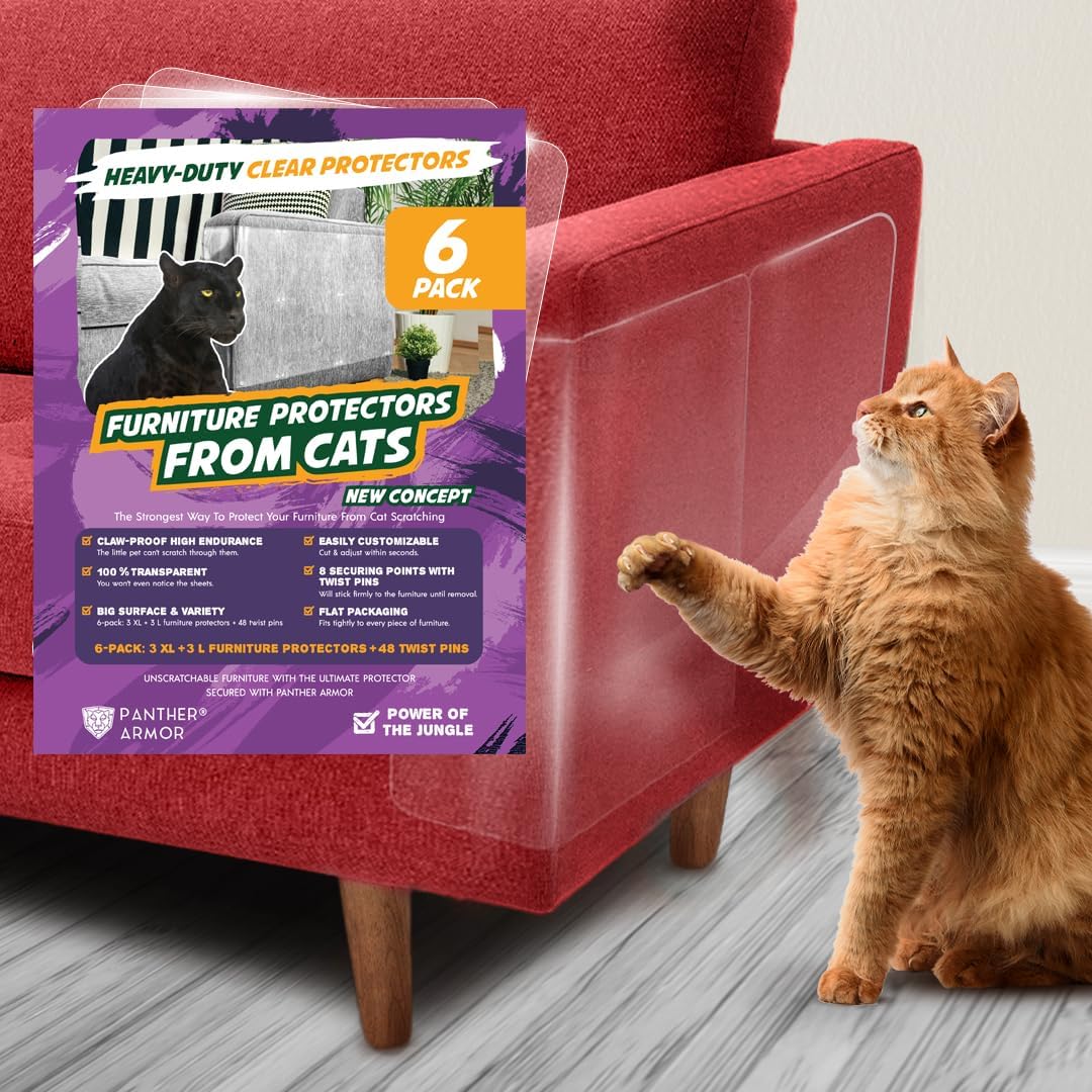 Panther Armor 6-Pack Clear Plastic Furniture Protector Sheets - Anti-Scratch Couch Corner Protectors for Cats - Model PantherVinyl6
