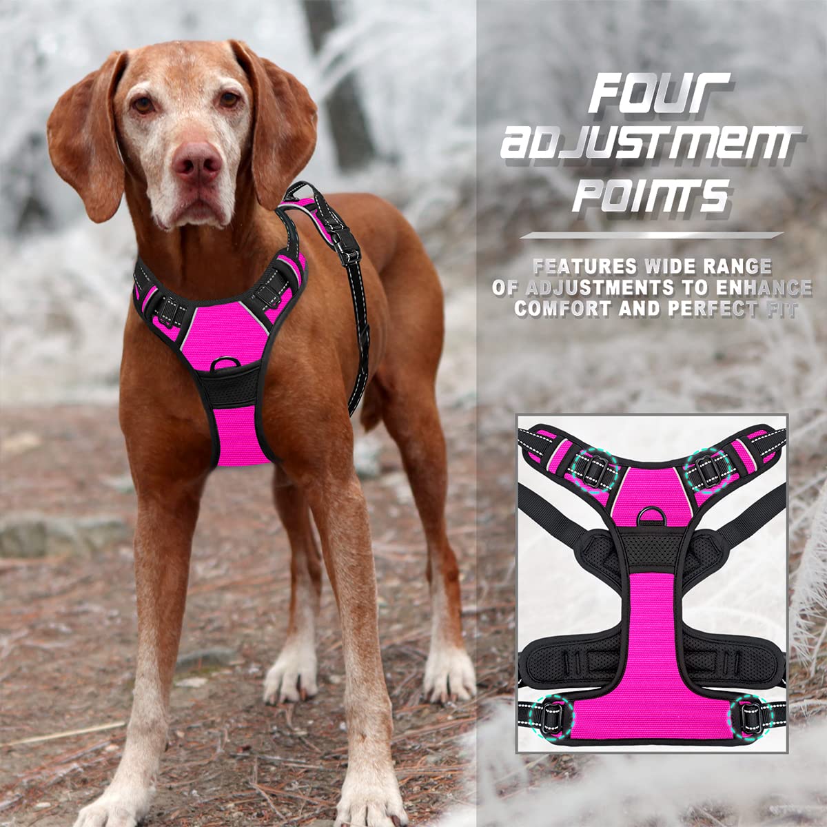 Barkbay No Pull Dog Harness Front Clip Heavy Duty Reflective Easy Control Handle For Large Dog Walking(Pink,M)