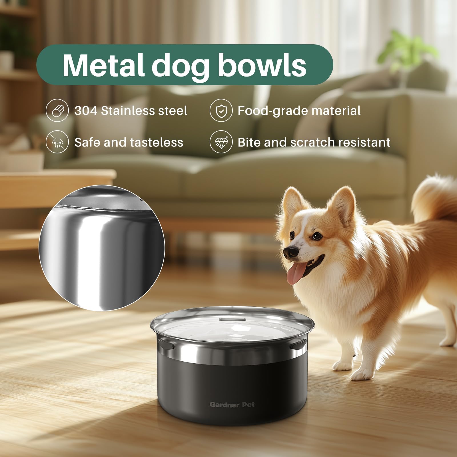 Gardner Pet Dog Bowls 1 Gallon (3.85L) Stainless Steel No Spill Dog Water Bowl, Slow Water Feeder Metal Bowls, Spill Proof Water