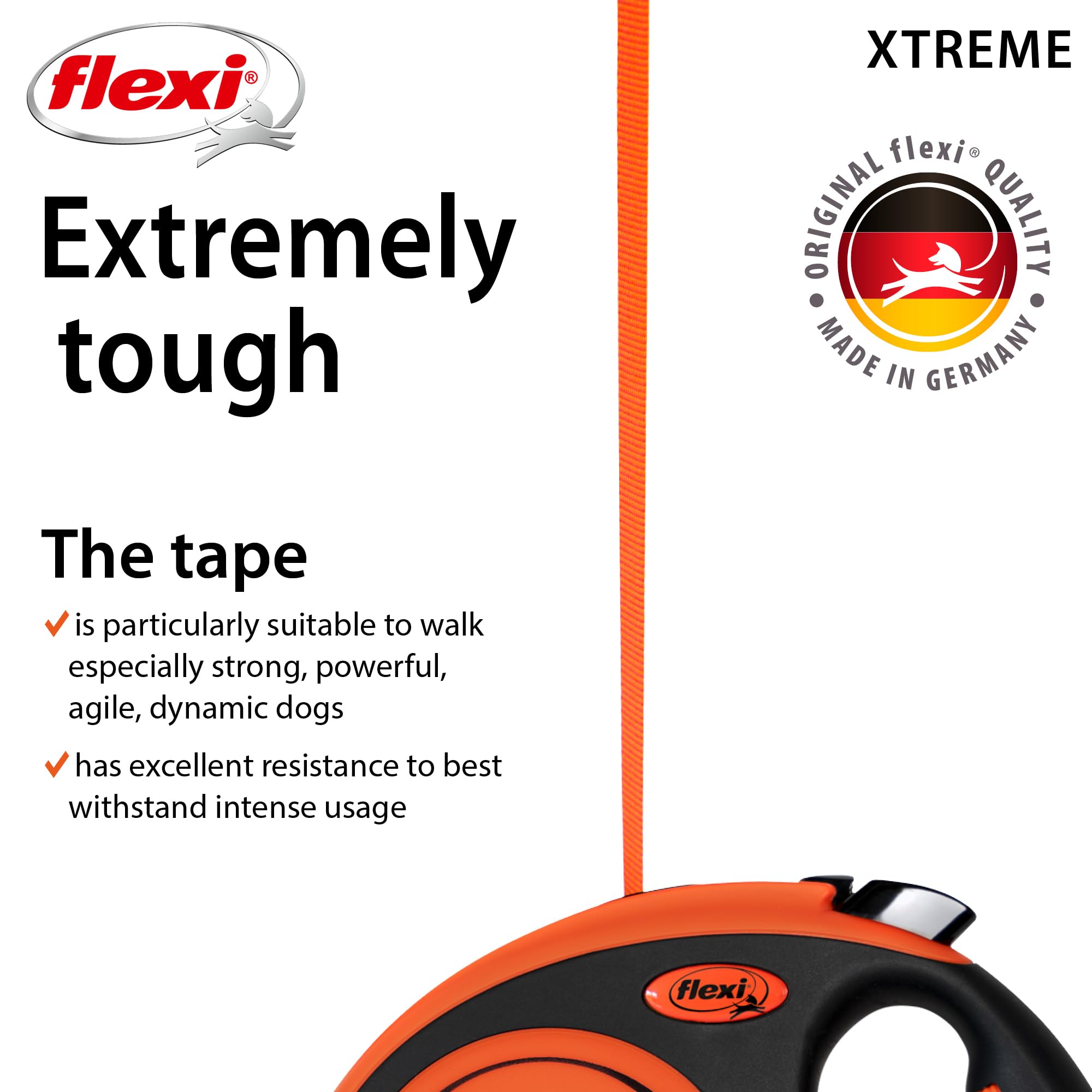 FLEXI Xtreme Retractable Dog Leash - Large 26 ft, Orange/Black, Tangle-Free, One-Handed Brake, Nylon, Model XT33T8.250.OR