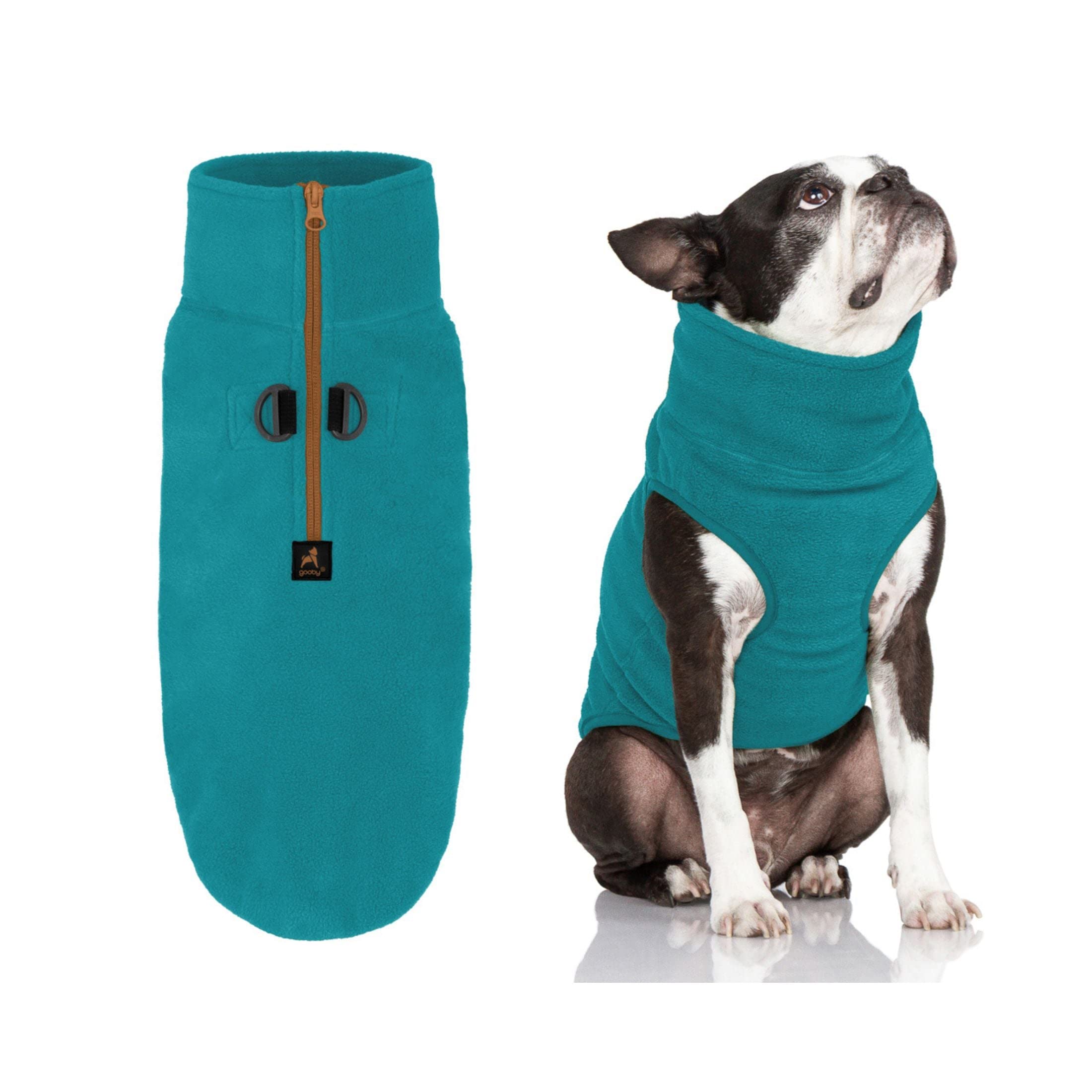 Gooby Half Zip Up Fleece Vest - Warm Pullover Dog Jacket with Dual D Ring Leash - Winter Dog Clothes - Turquoise, X-Small