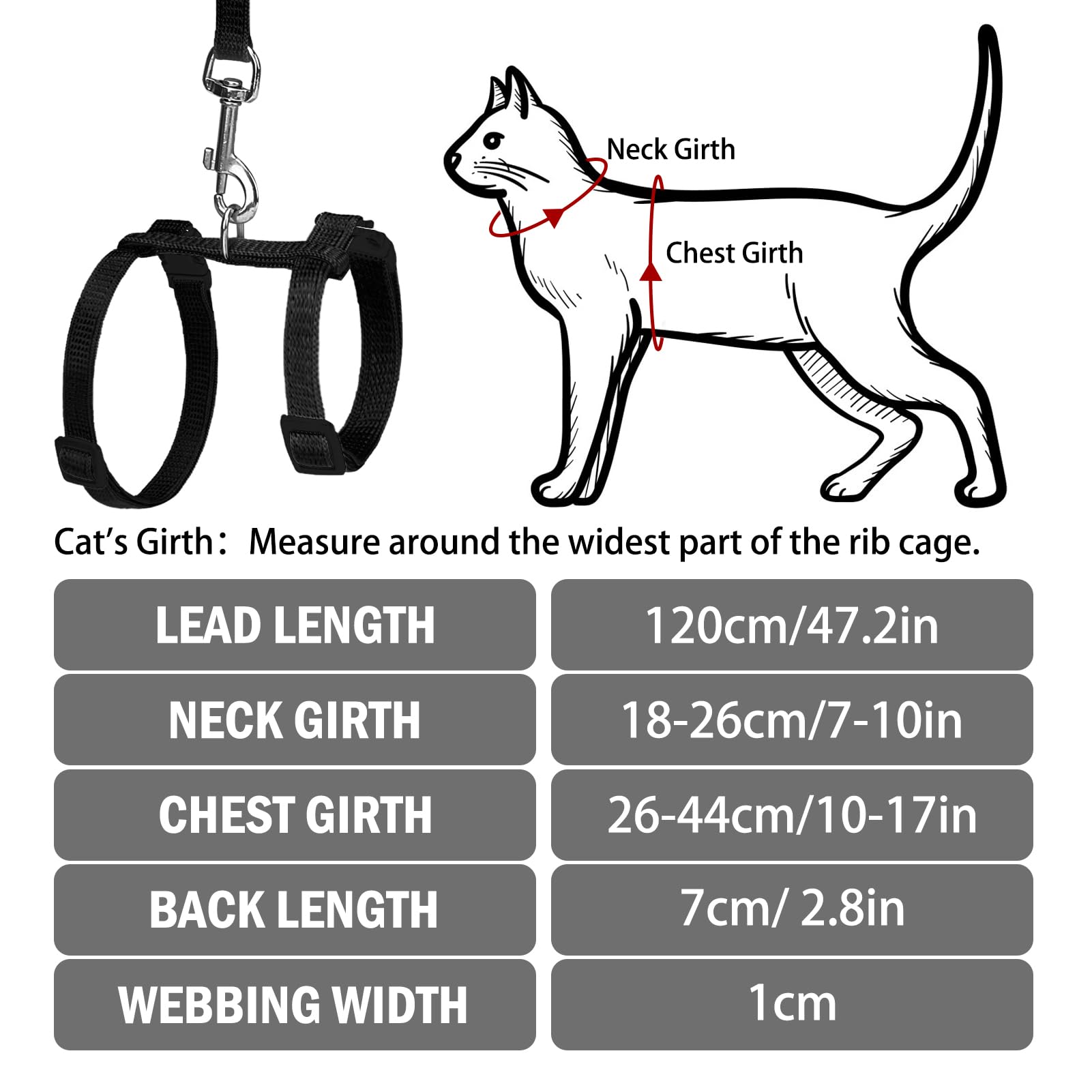 Pupteck Adjustable Cat Harness And Leash Set Escape Proof Kitten Strap Collar For Walking Travel, Black