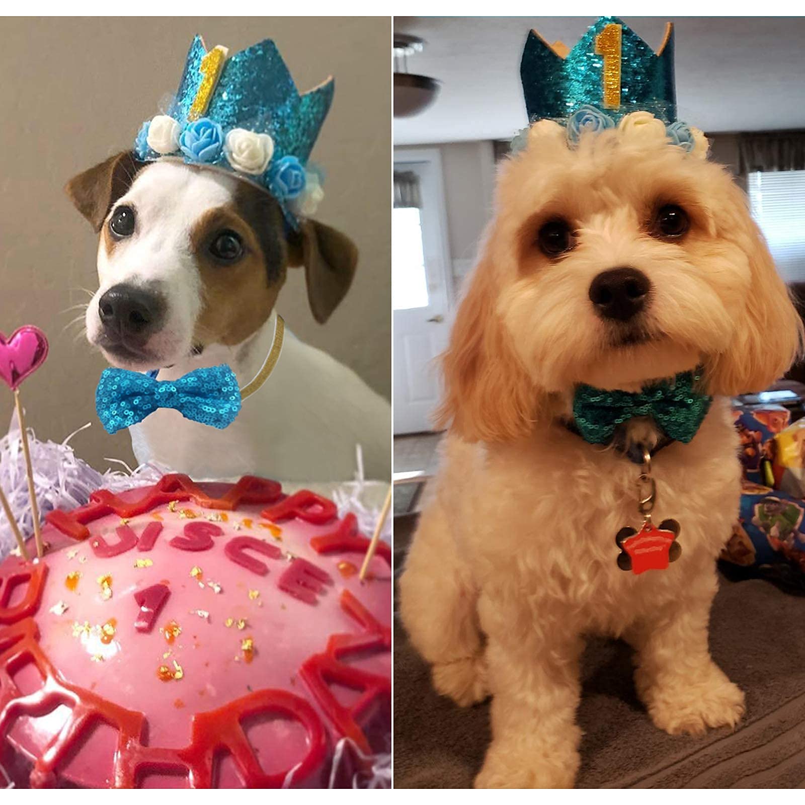 Posapet Cat Dog Birthday Crown Hat And Bow Tie Collar Set Pet Boy Birthday Party Supplies (Blue)