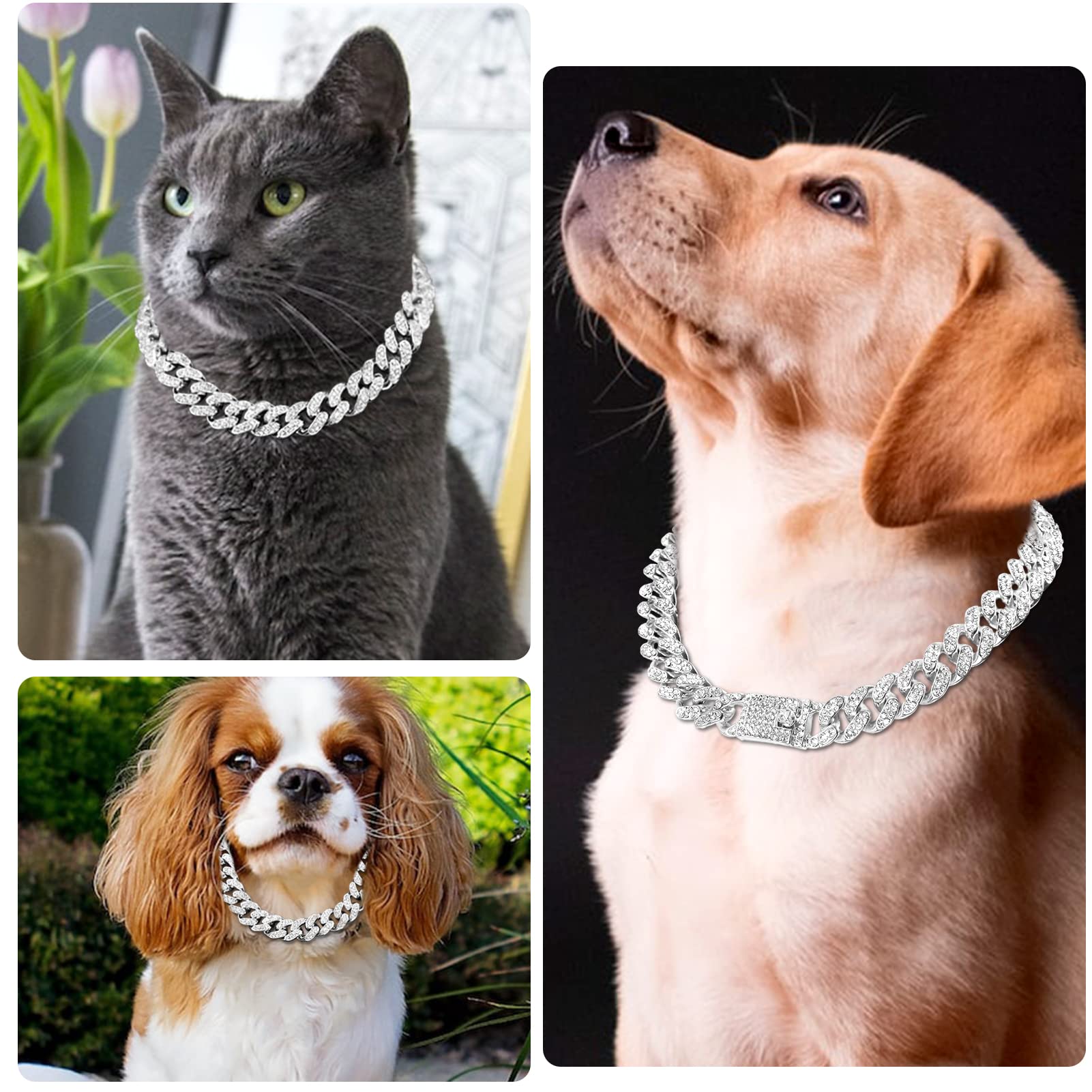 Flatfoosie Cuban Link Dog Collar Gold Silver Color Metal Dog Chain Collar Cuban Diamond Chain Pet Collars For Dogs Cats Jewelry 8/10/14/16/18/20/24/28 Inch (18Inch, Silver)