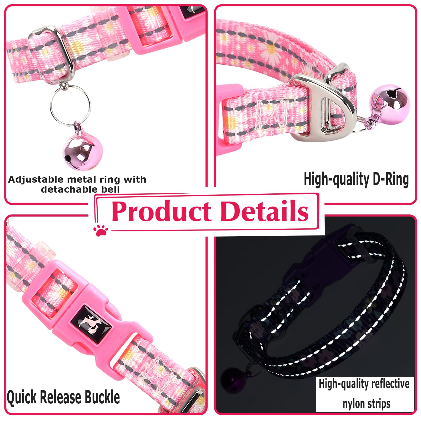 Puppy Collar With Bell - Cute Pink Daisy Design Reflective Nylon Dog Collar For Small Dogs, Adjustable & Durable For Puppies, Ni