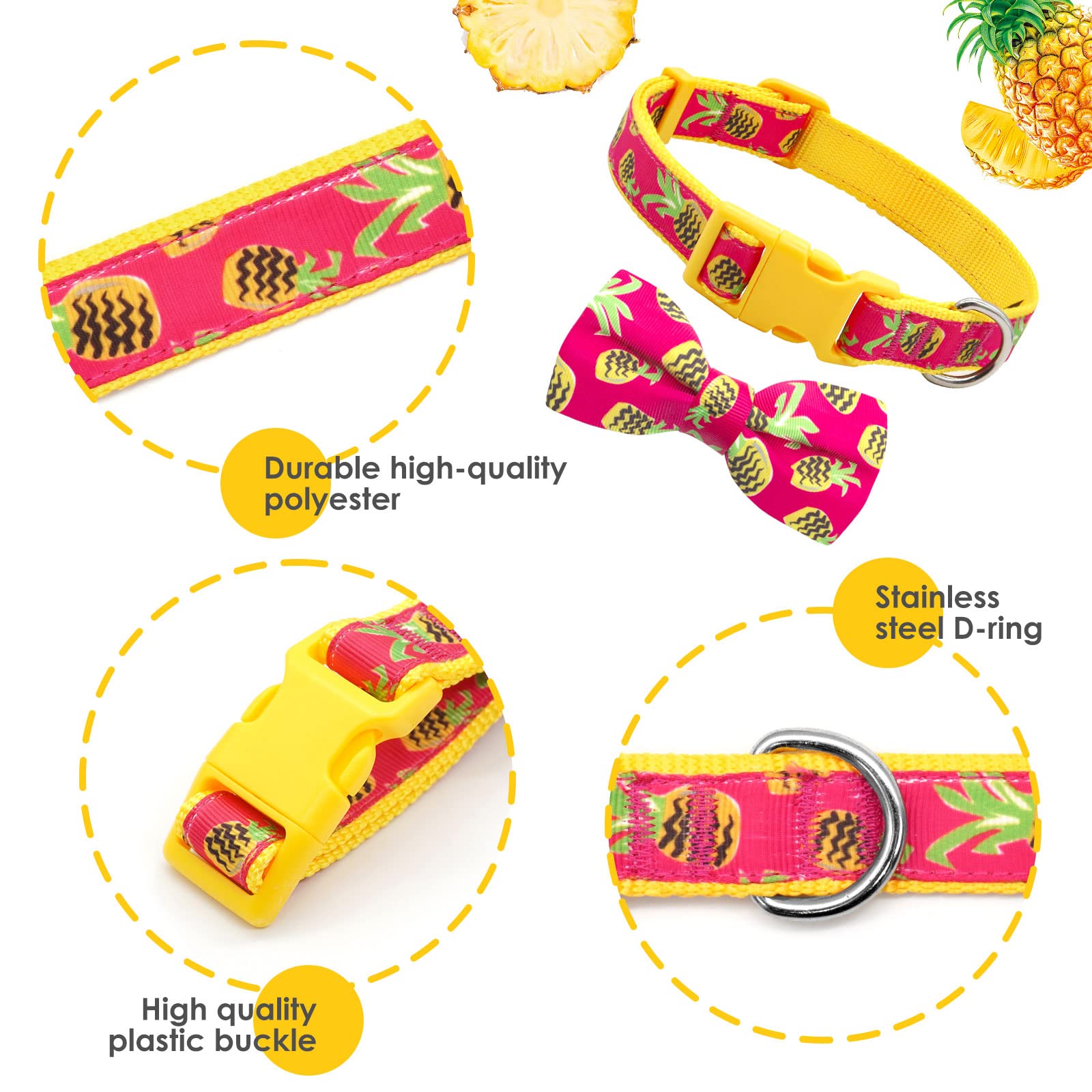 Azuza Pineapple Bowtie Dog Collar, Soft & Comfy Dog Collar With Bow, Fun Patterns & Bright Color For Extra Small Dogs