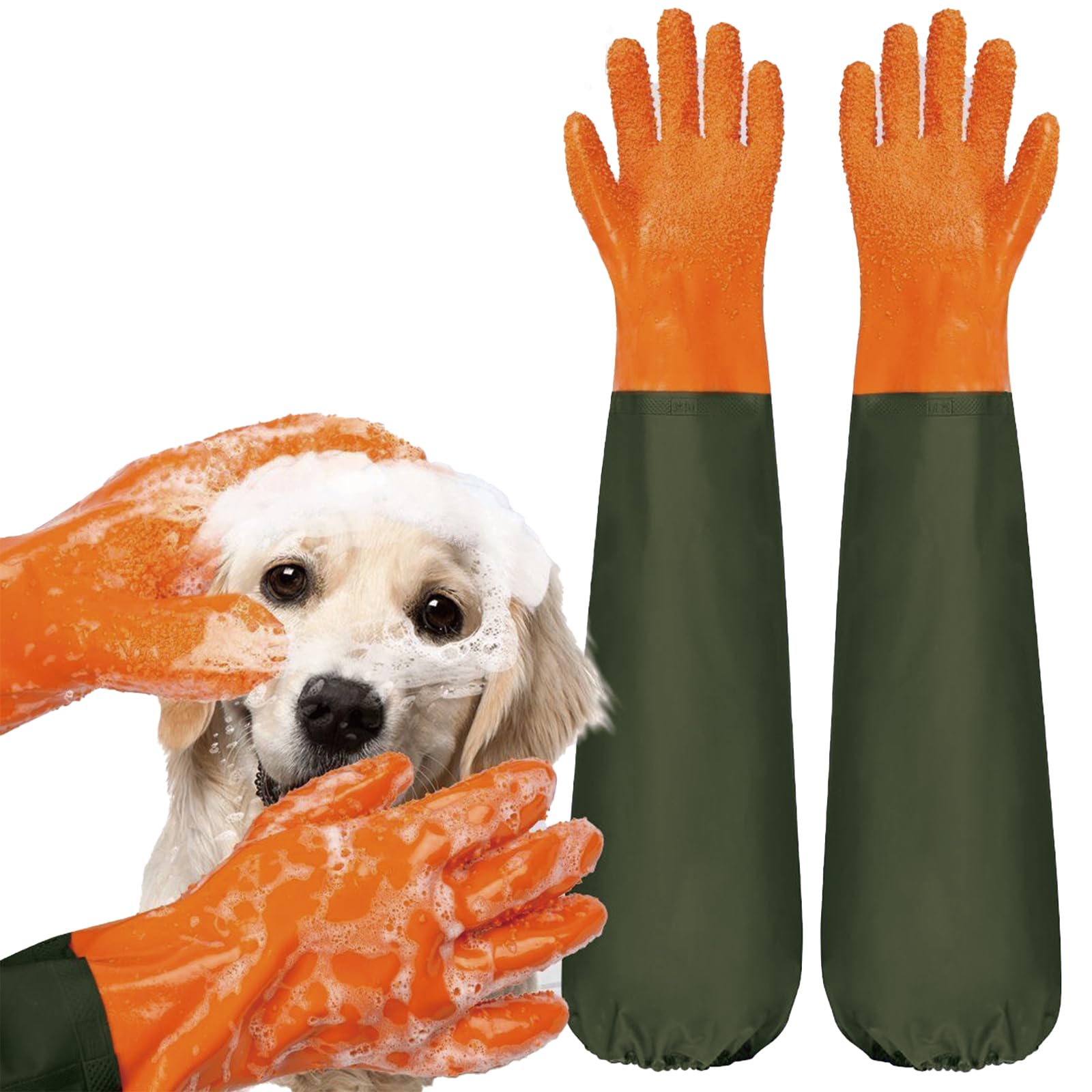 YOFANG Dog Washing Gloves,27.6 Long Rubber Dog Bath Brush, Durable Cat Bite-Proof gloves & Pet Hair Removal Glove with Soft Part