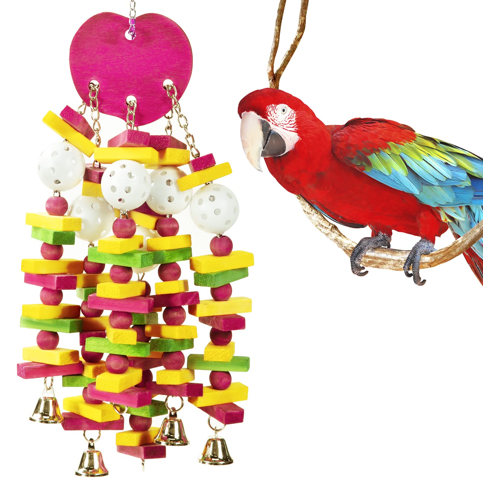MEWTOGO Bird Toys - Edible Parrots Cage Chew Toy Gift with Bells and Safe Colorful Wood Blocks Beads for Macaws African Grey and