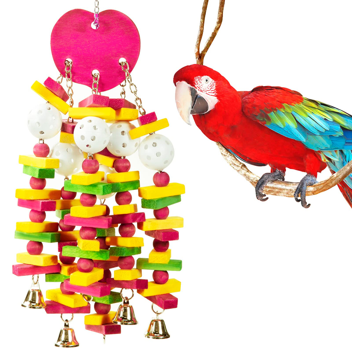Mewtogo Bird Toys - Edible Parrots Cage Chew Toy Gift With Bells And Safe Colorful Wood Blocks Beads For Macaws African Grey And