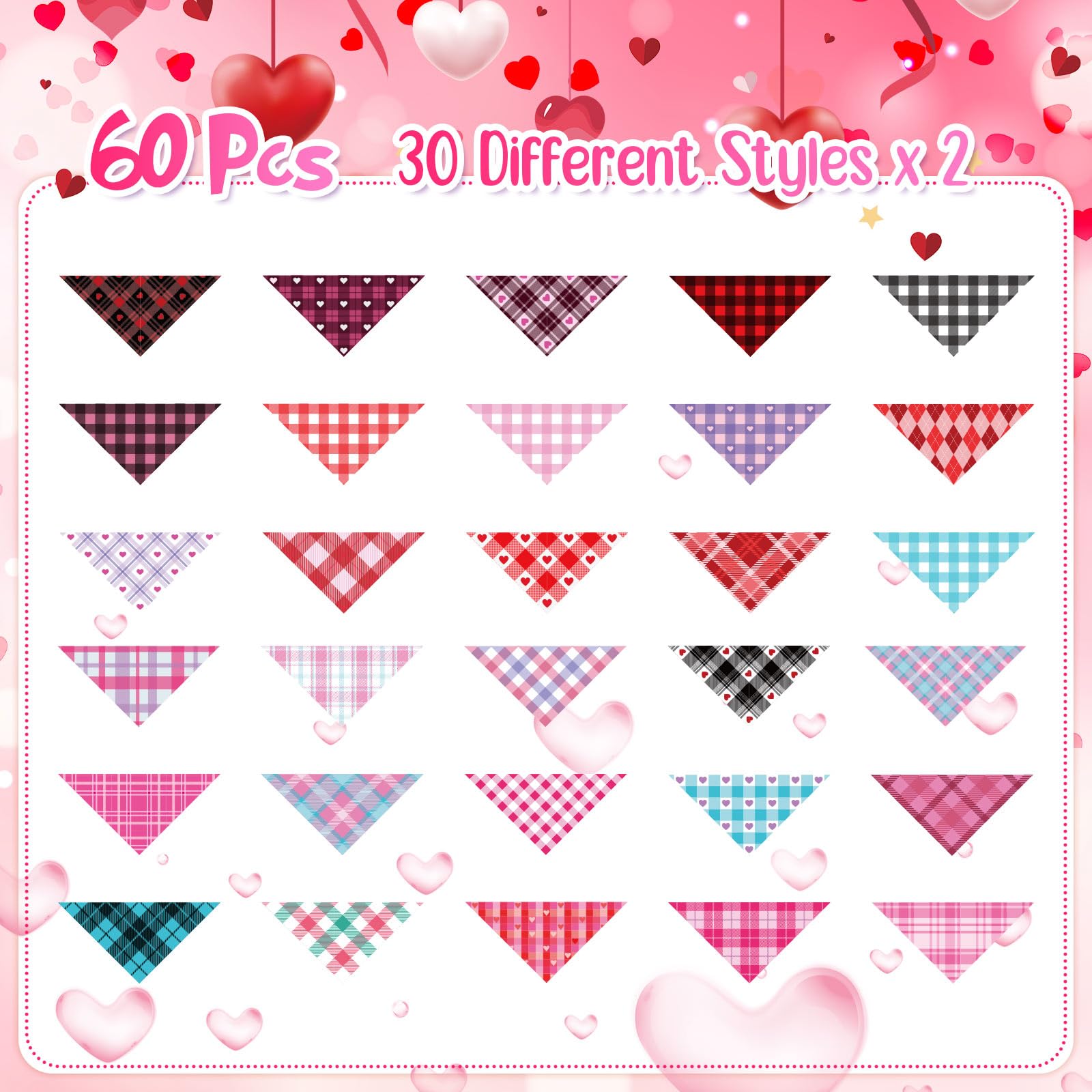 Sweetude 60 Pcs Wedding Plaid Dog Bandanas Bulk Heart Pet Scarf Bibs Mother'Day Adjustable Washable Kerchief Holiday Pet Costume
