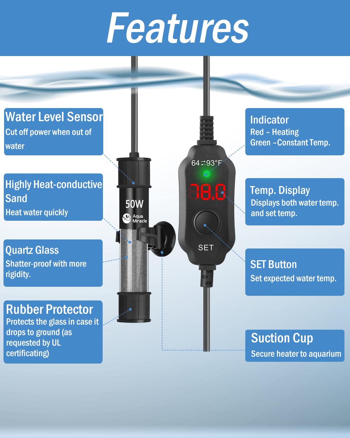 Aquamiracle Adjustable 50W Aquarium Heater Submersible Fish Tank Heater Super Short Aquarium Heater With Led Digital Display Thermostat, For Tanks 5-10 Gallons