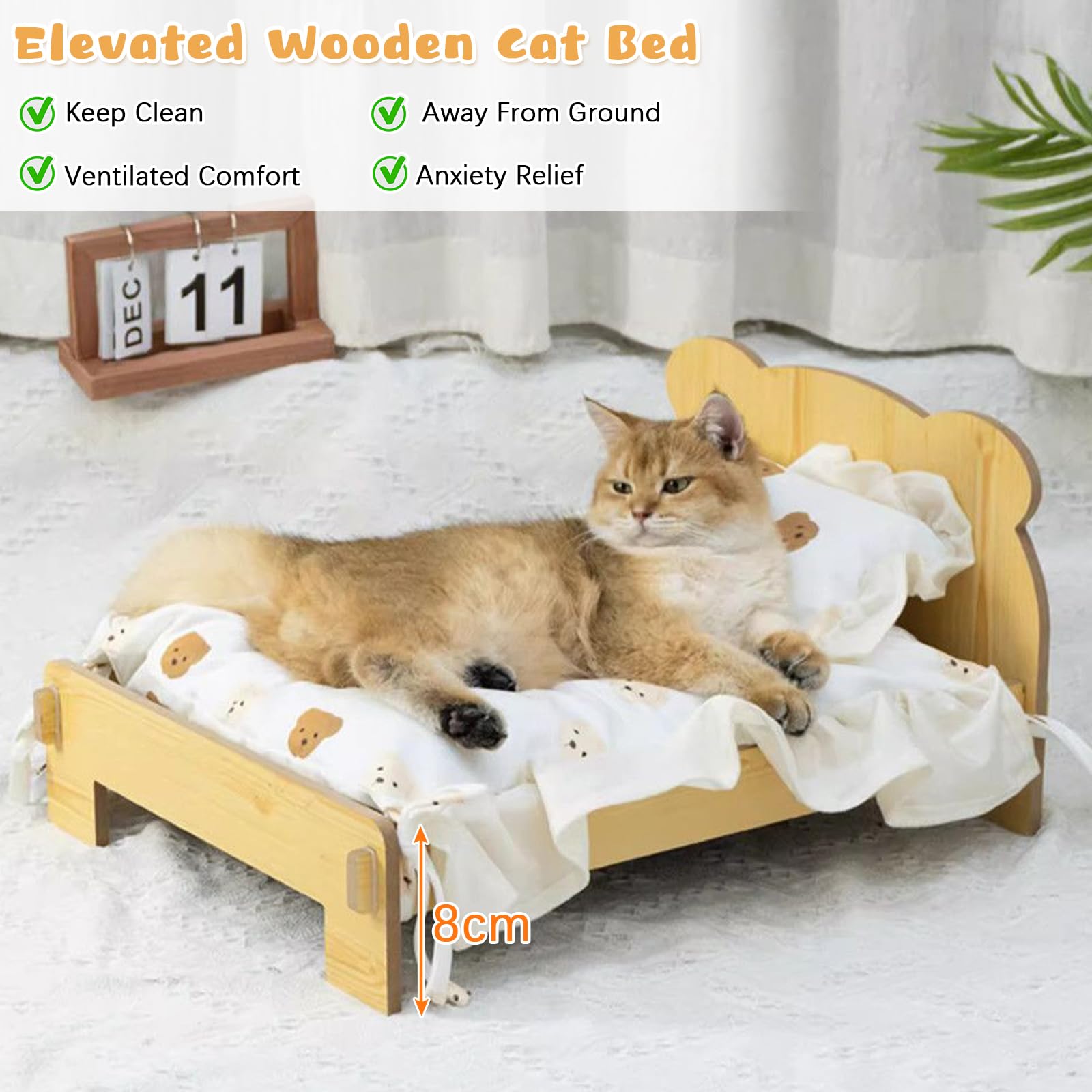 Siyingsaery Elevated Cat Bed For Indoor Cats: Natural Wooden Cat Hammock Bed With Raised Legs Washable Mattress Pillow For Small