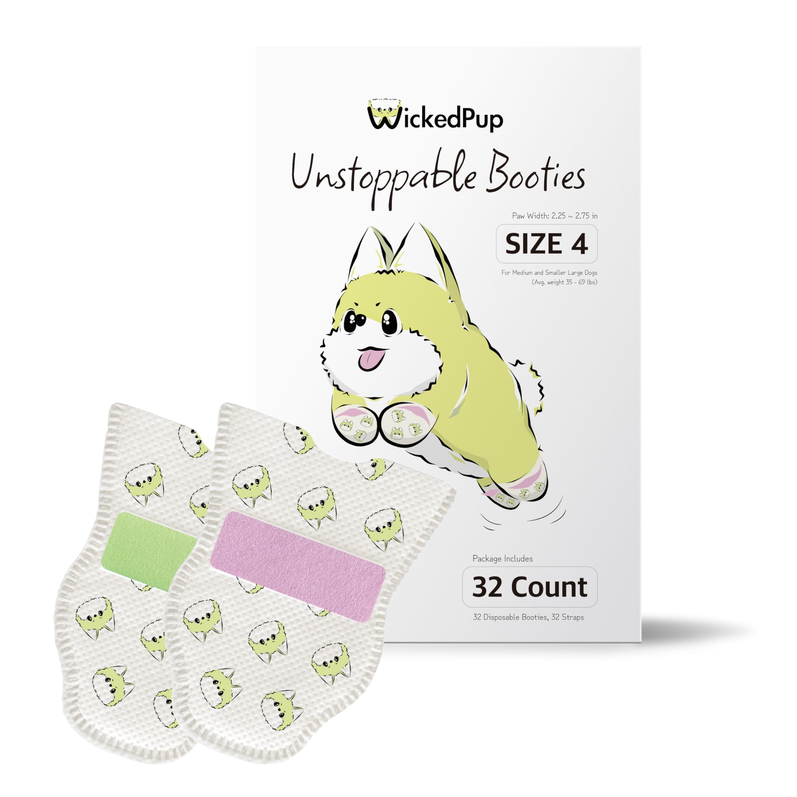 Wickedpup Unstoppable Booties For Dogs & Cats, 32 Count, Size 4 | Disposable Dog Boots & Paw Protectors | Breathable Puppy Shoes