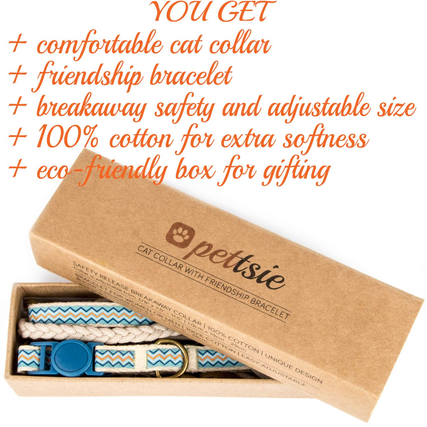 Pettsie Easy Adjustable Cat Collar Set, Safety Breakaway Buckle, Matching Friendship Bracelet, Soft Cotton For Sensitive Skin, Ideal For Kitty Lovers, Fits Neck Sizes 7.5-11.5 Inches, Blue