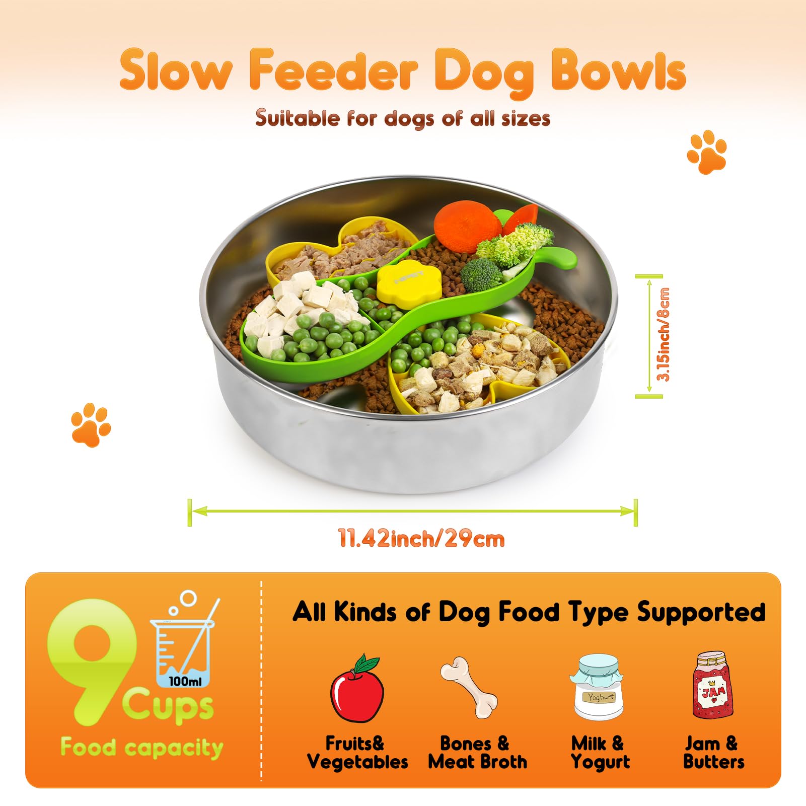 NPET Slow Feeder Dog Bowls for Large Dogs, Stainless Steel Pet Bowls Suitable for Dry, Wet, and Raw Food, Detachable Puzzle Toy