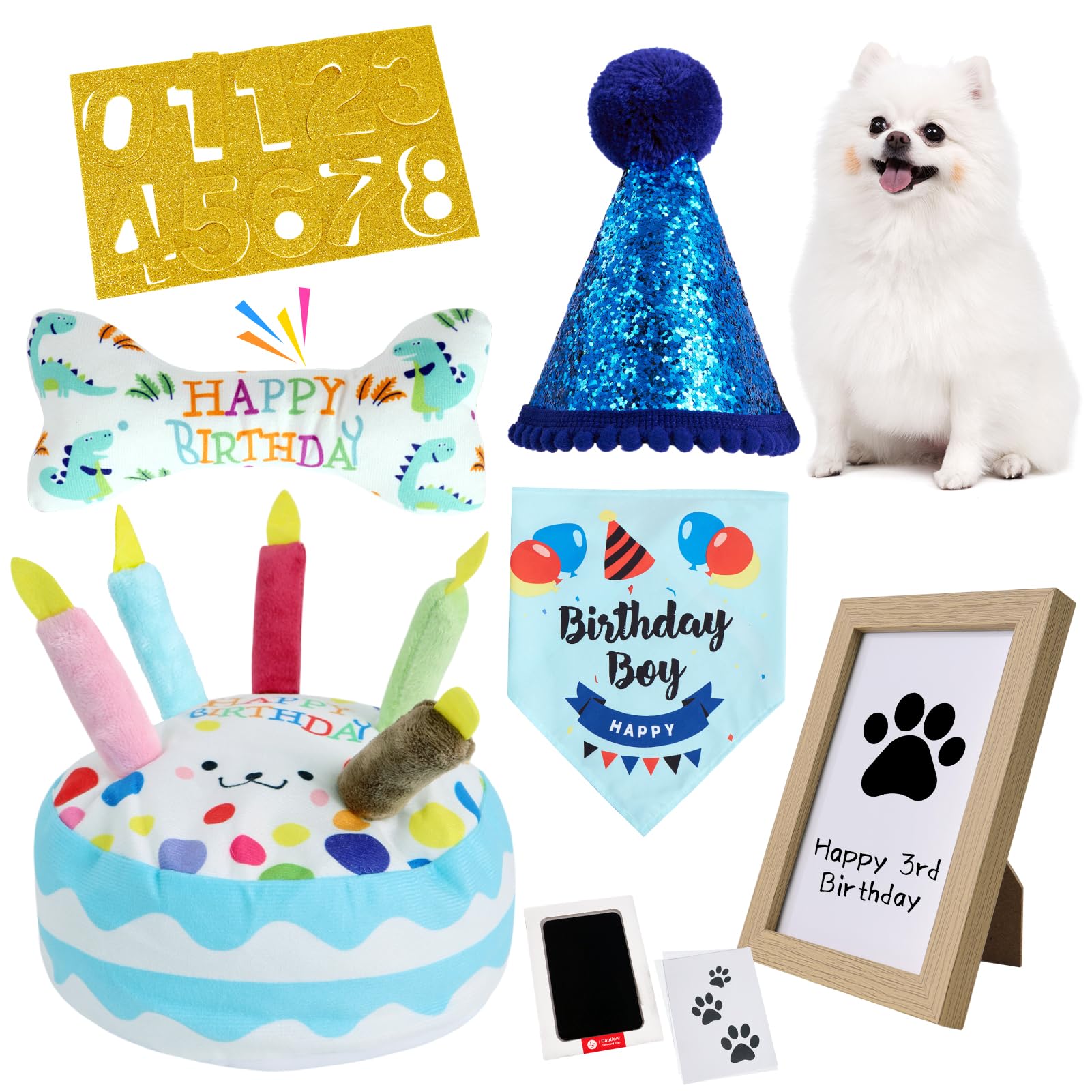 PATTEPOINT Dog Birthday Toy Set, Dog Squeaky Toys, Includes Squeaky Cake Toy, Plush Bones, Birthday Hats, Bandana, Paw Print Kit