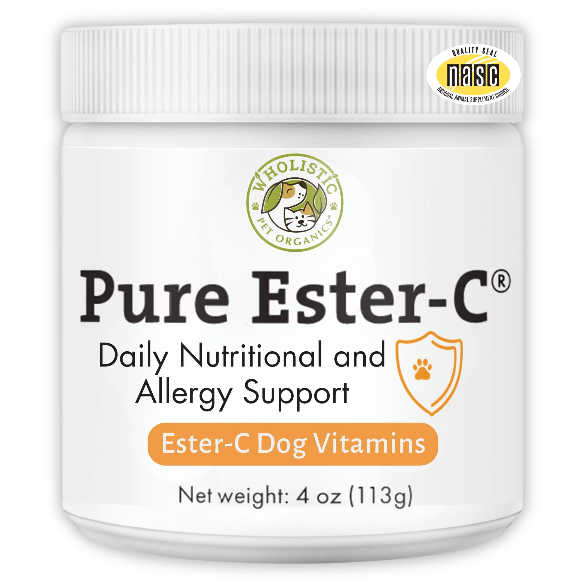 Wholistic Pet Organics Pure Ester-C Powder for Dogs & Cats - 4 Oz - Vitamin C Supplement for Immune Support, Skin & Coat Health,
