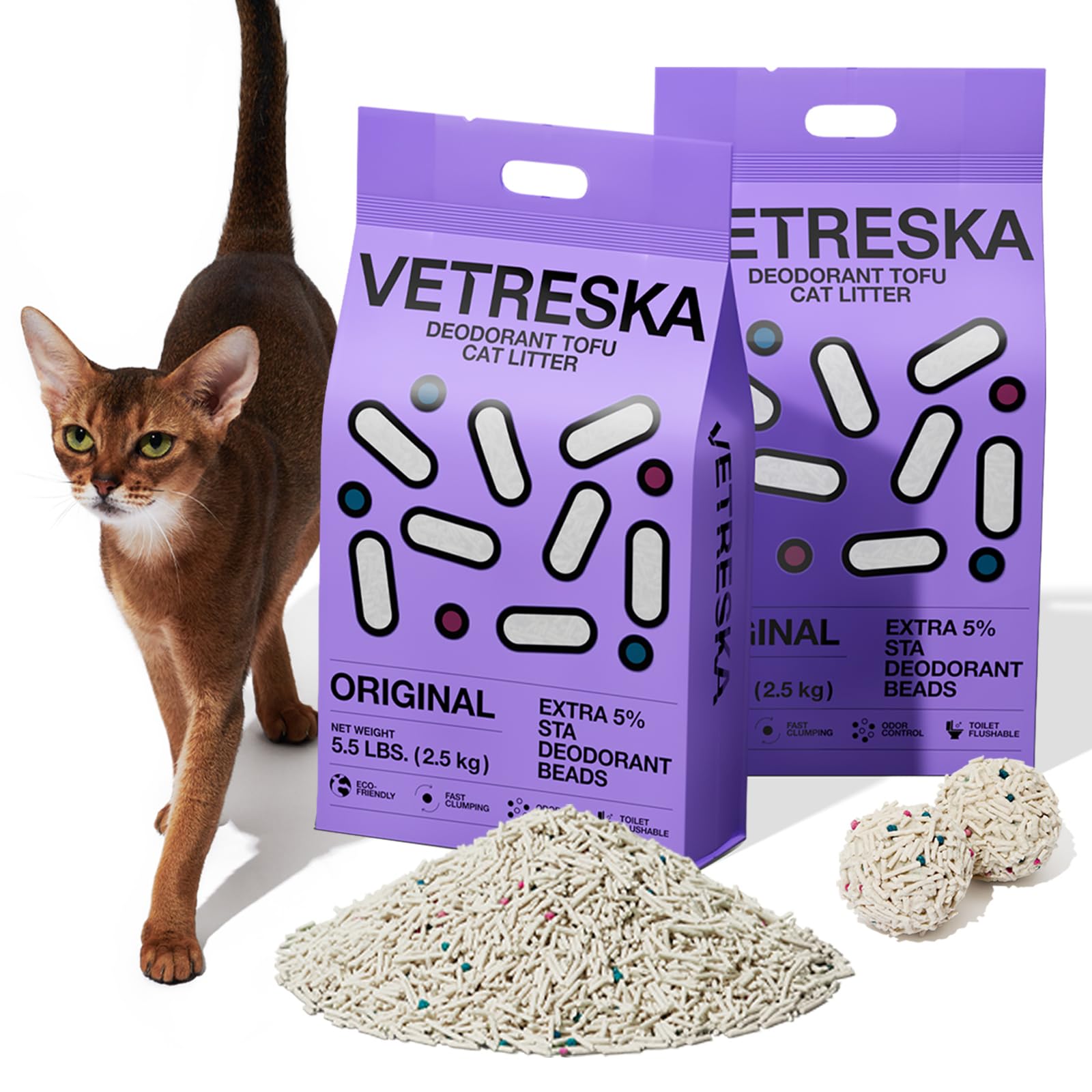 Vetreska Tofu Cat Litter,Kitty Litter Flushable Strong Clumping Cat Litter Pellets Ultra Absorbent,Dust-Free Tofu Litter,Origina