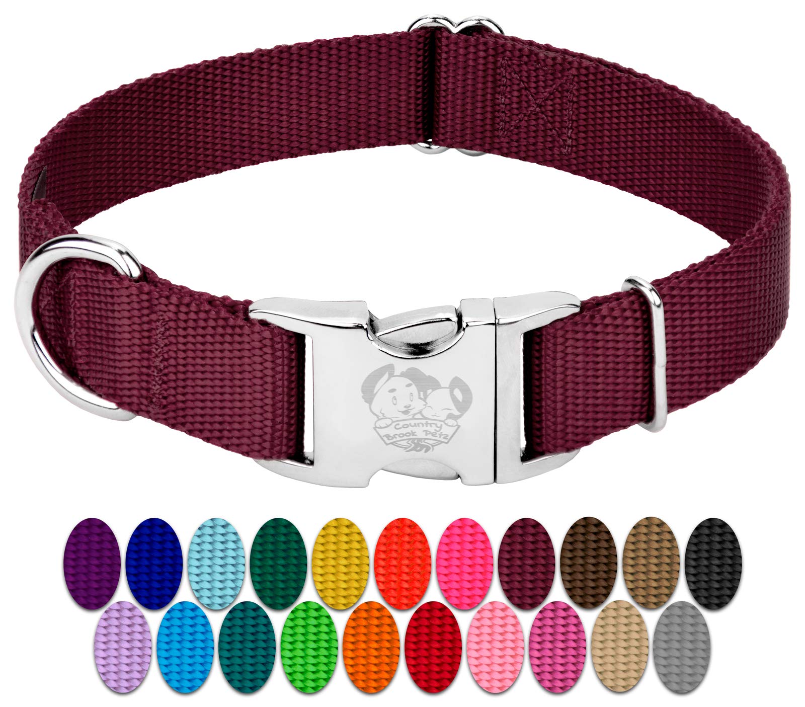 Country Brook Design - Vibrant 30+ Color Selection - Premium Nylon Dog Collar With Metal Buckle (Small, 3/4 Inch, Burgundy)