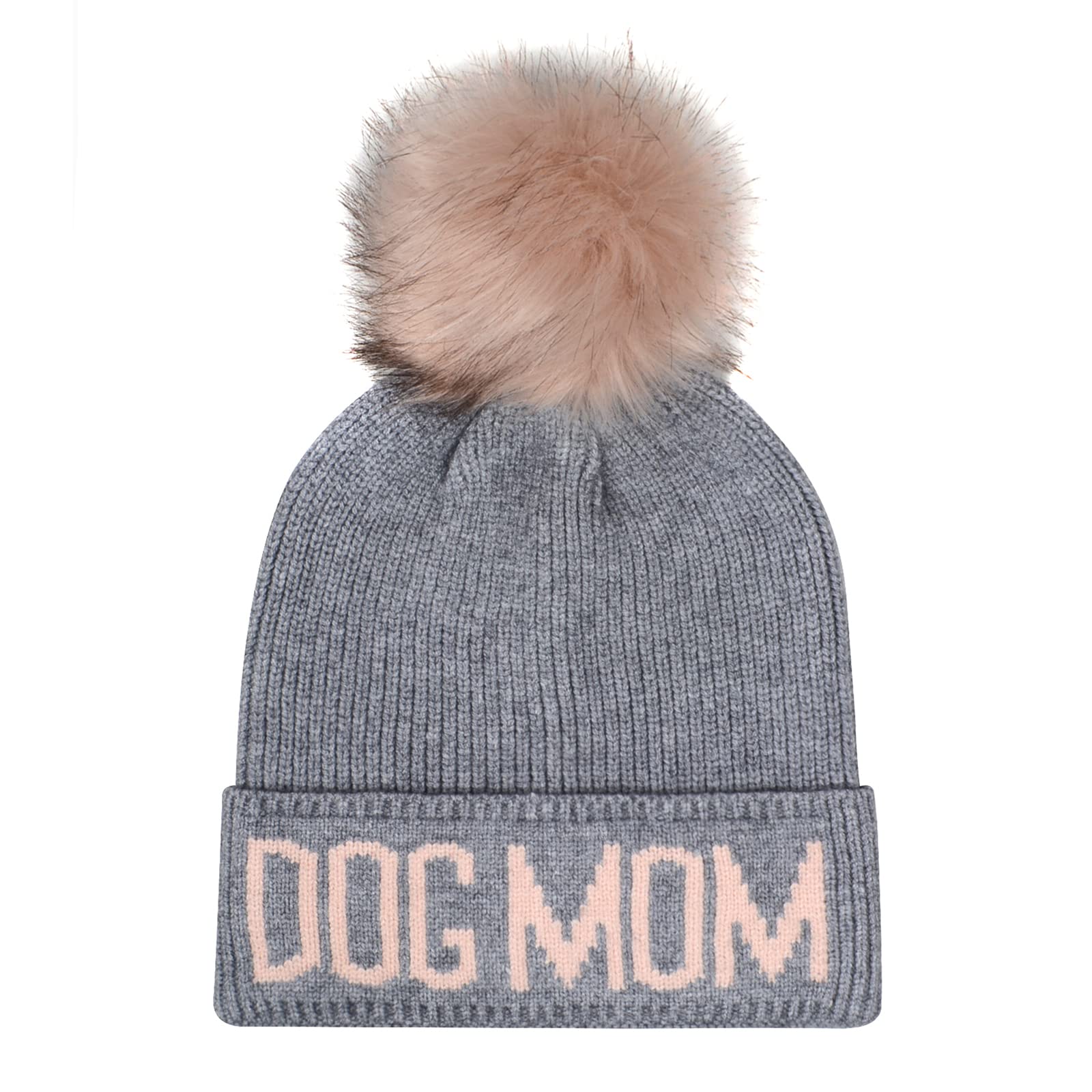 Hatphile Dog Mom Dog Lover Stretchy Faux Fur Pompom Knit Beanie Skully Toque (Grey Hat Pink Dog Mom Pink Pompom)