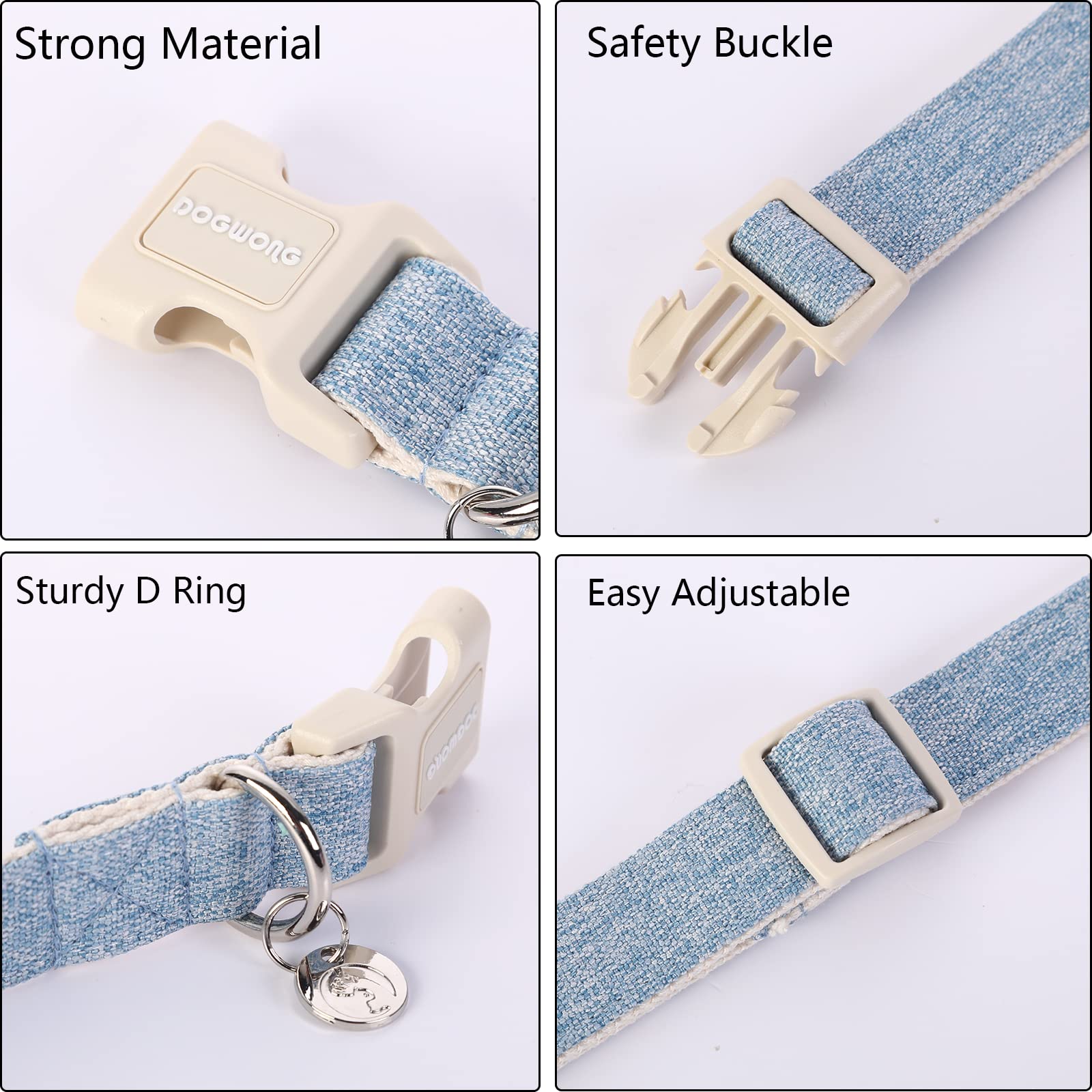 Dogwong Cotton Hemp Dog Collar - Heavy-Duty Adjustable Soft Natural Fabric Pet Collar, Baby Blue Cute Wedding Puppy Necklace For