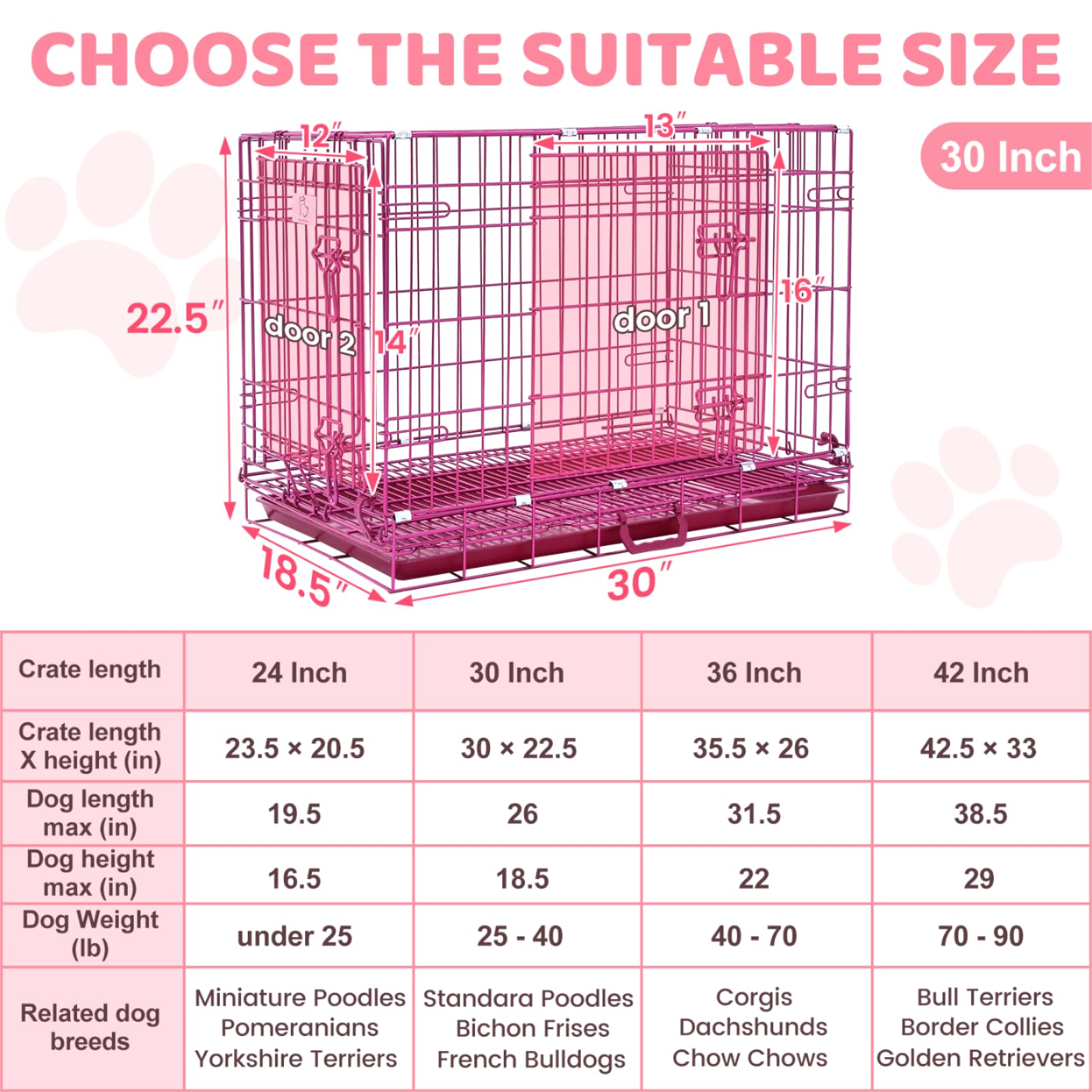 Homey Pet 30 Inch Pink Dog Crate, Cute Cage Medium Sized Dog Collapsible Small Dog Kennel Indoor Nano-Coated Metal Wire Dog Crat