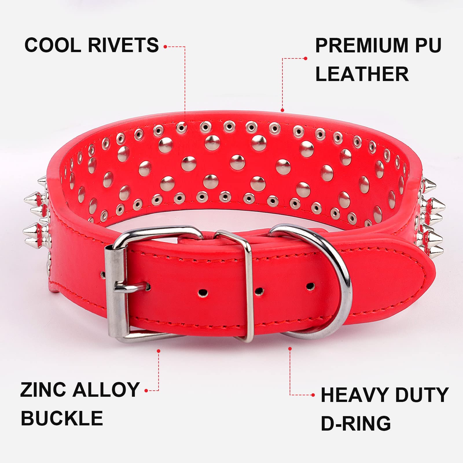 Epesiri Adjustable Wide Spiked Dog Collar, Mushroom Rivet Pu Leather Cat Dog Collars, Durable Spike Studded Pet Collar For Small Medium Large Breed, Pitbull Mastiff Bulldog Pugs Husky Rottweiler, Red