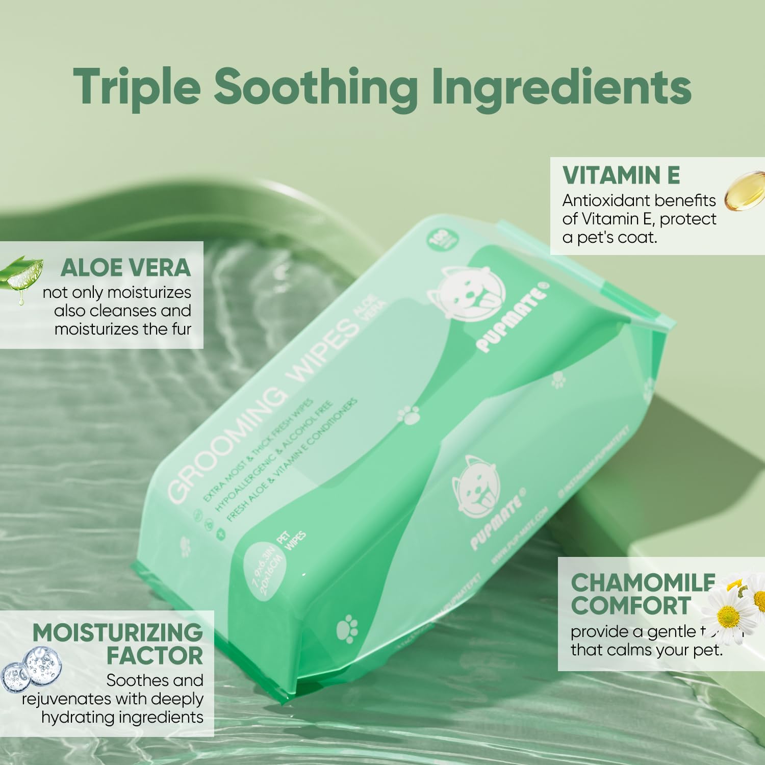 Pupmate Natural Pet Grooming Wipes, 100 Fresh Counts, Extra Moist & Thick For Dogs & Cats, Puppies & Kittens