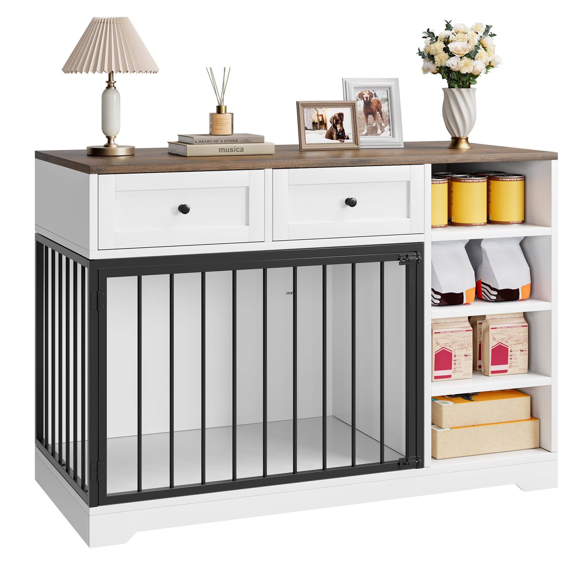 Dog Crate Furniture 47, Large Dog Crate TV Stand with 2 Drawers and 4 Shelves, Wooden Dog Kennel Indoor, Decorative Dog Cage wit