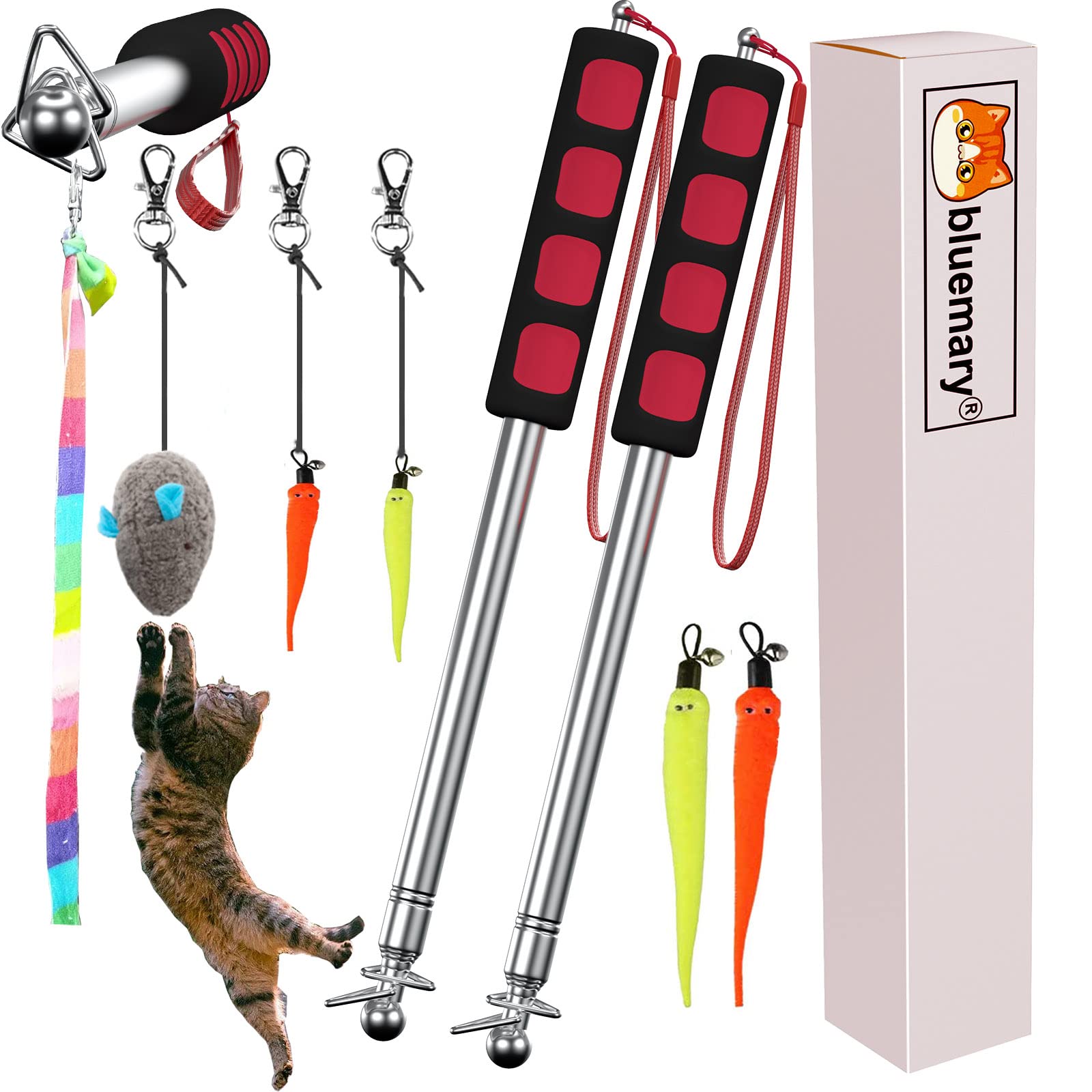 Bluemary 2 Cat Wand Toys & 4 Rainbow Feather String Toys - Engaging Interactive Play For Indoor Kittens And Cats - Ideal For Fun