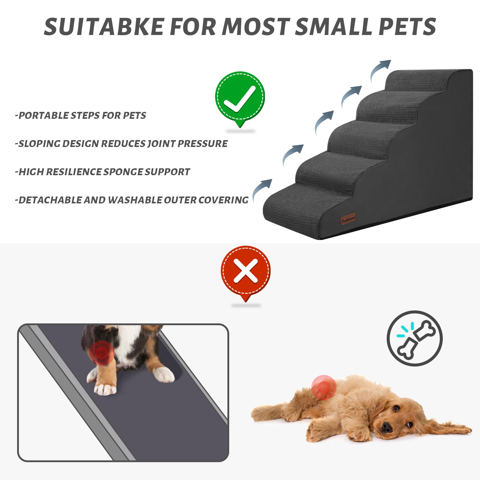 Aodisman 5-Step Dog Stairs and Ramp for High Bed, Non-Slip Sturdy Pet Steps for Small Dogs and Cats,22.2 H, Black