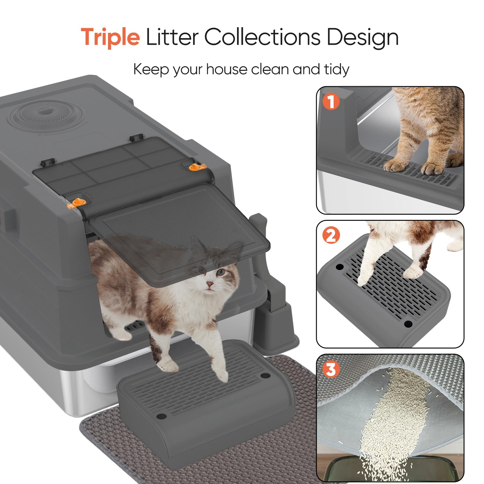 Elegx Xxxl Extra Large 28'' L  20'' W Odor-Control Stainless Steel Cat Litter Box, 4-In-1 Cat Metal Litter Box Set,Enclosed Remo