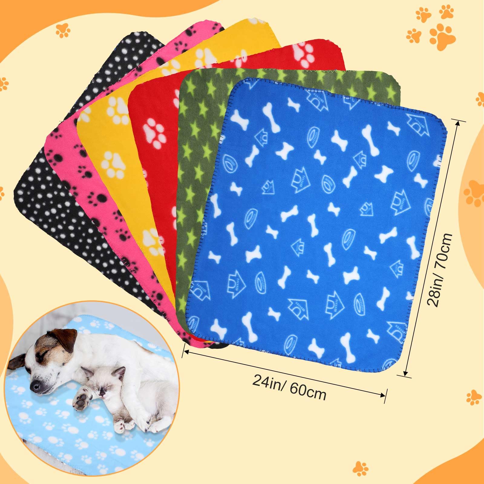 Preboun 50 Pack Puppy Blanket, Small 24x28 Inch Fleece Sleep Mat, Paw Print Design, 25 Styles, Soft for Dogs, Cats, and Small Pets