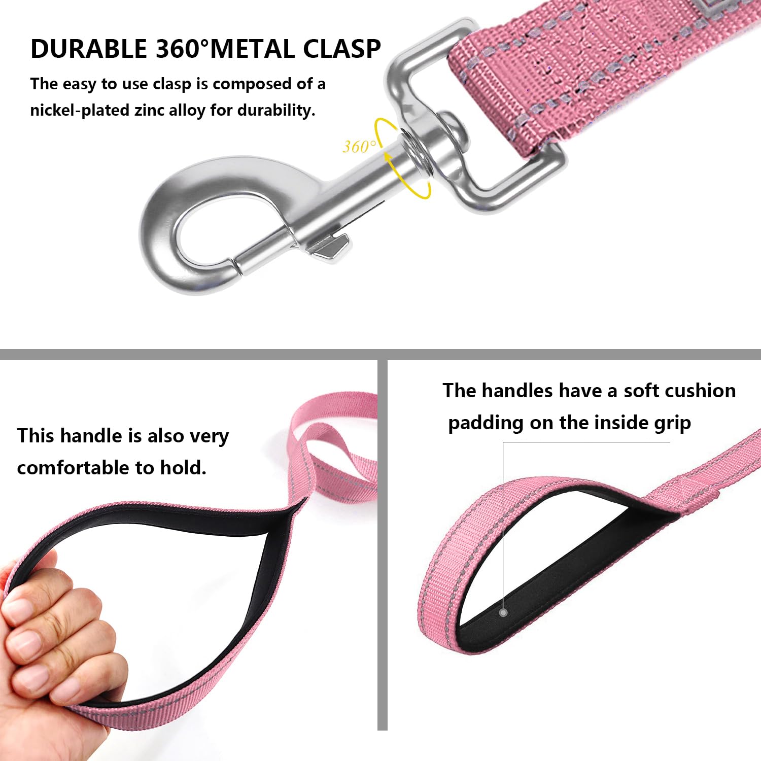 Penseepet Dog Leash 6 Ft Padded Handle Nylon Reflective Dogs Leashes For Large Dogs Pink