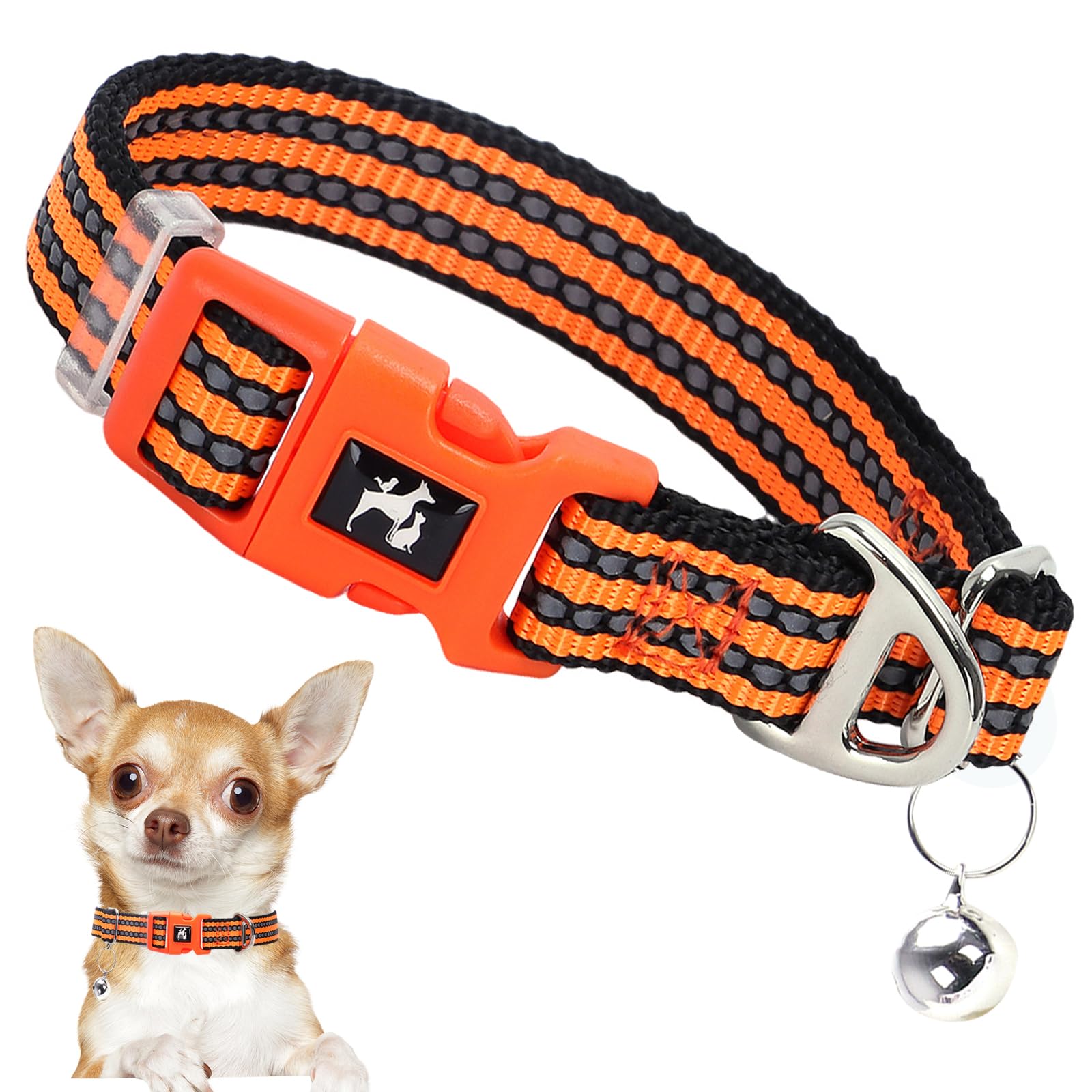Onefojojo Adjustable Reflective Xs/Xxs Dog Collar With Bell - Nylon Puppy Collar For Chihuahua, Pomeranian, Small Dogs, Nighttim