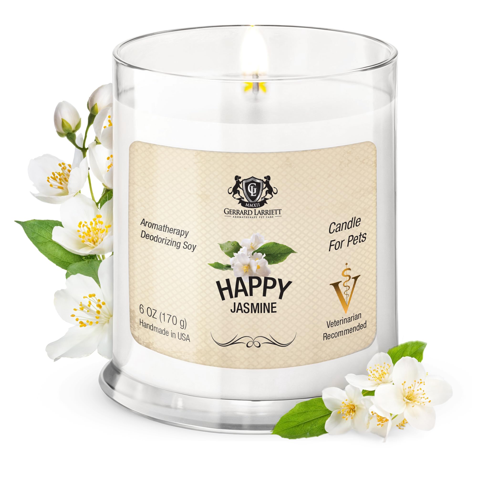Gerrard Larriett - Deodorizing Soy Candles For Pets, Scented Candles For Removing Pet/Household Odors, Lasts Up To 40 Hours, White Candles For Home Scented With Happy Jasmine Fragrance, 10 Oz