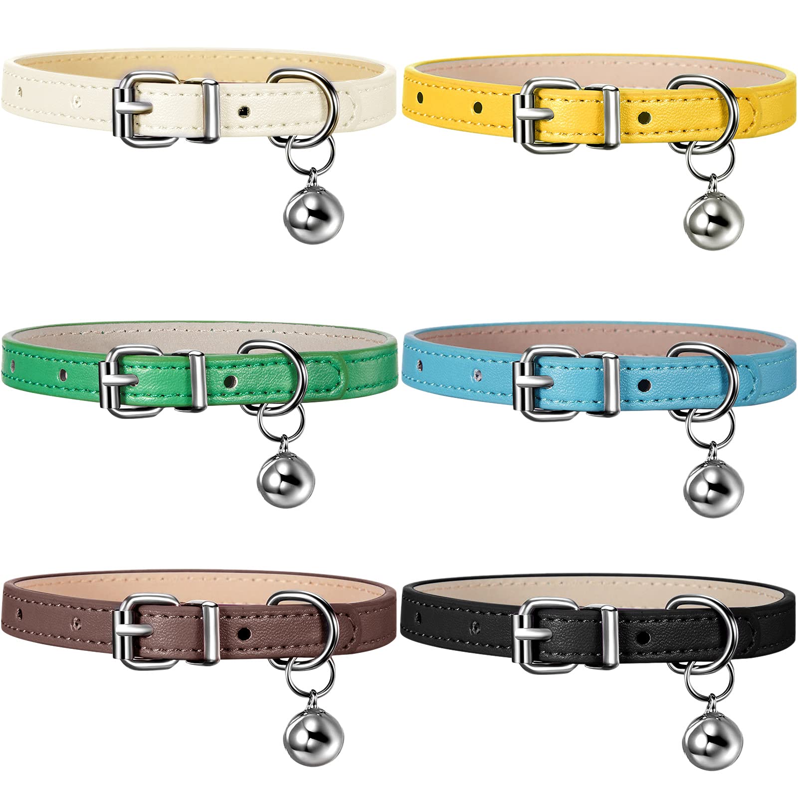 Weewooday 6 Pieces Leather Cat Collar With Bell Leather Kitten Collar Cat Collar For Boy Cats, Girl Cats With Safety Elastic Strap Cute Pet Collars For Small Cat Kitten Puppy(Fresh Color)