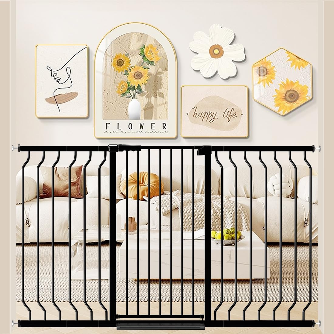 WAOWAO Extra Tall 40.55'' Baby Gate 29.92-63.38'' Wide Pressure Mounted Walk Through Swing Auto Close Safety Black Metal Toddler